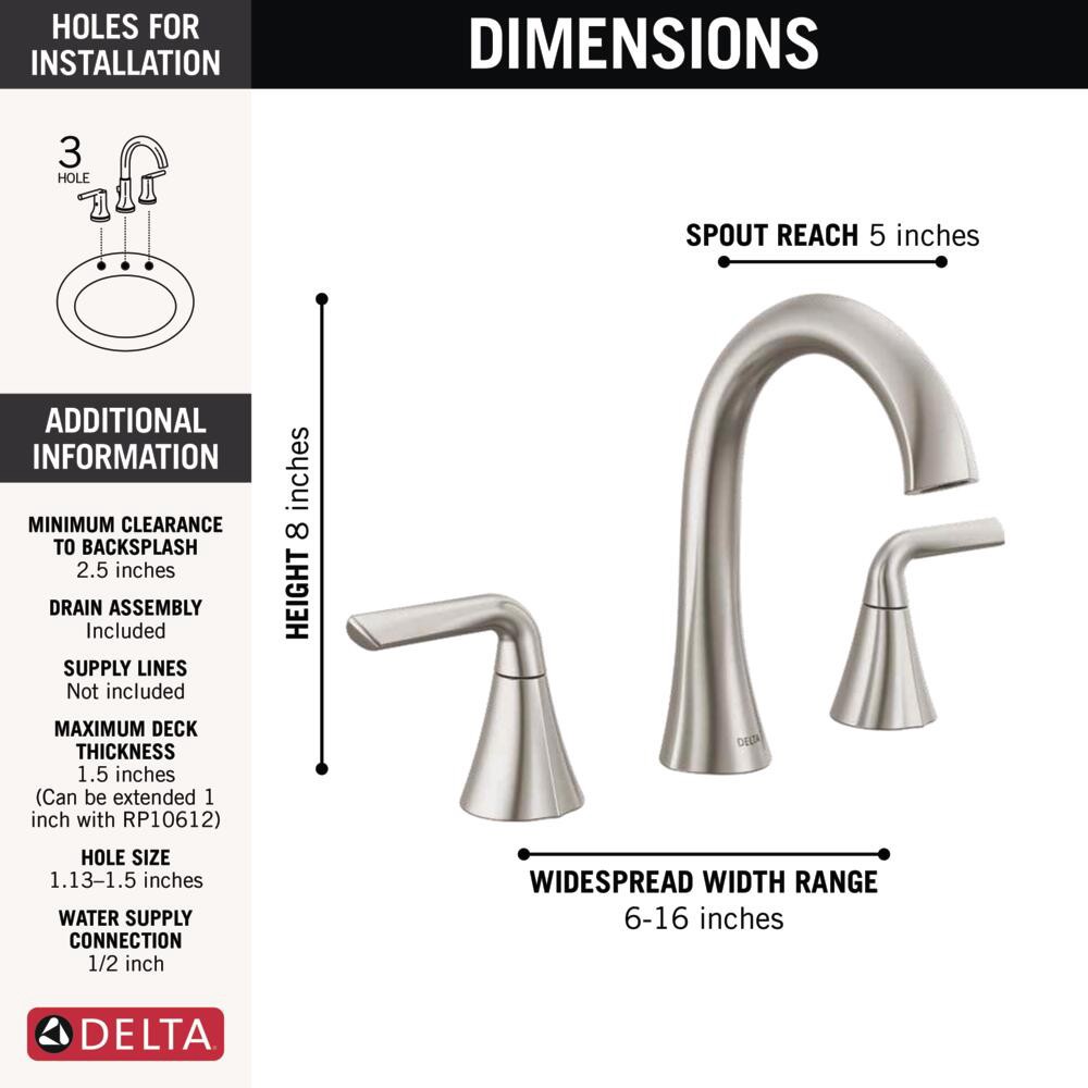 slide 6 of 6, Delta Eldren Spotshield Brushed Nickel Widespread 2-handle WaterSense Mid-arc Residential Handle Bathroom Sink Faucet with Drain, 1 ct