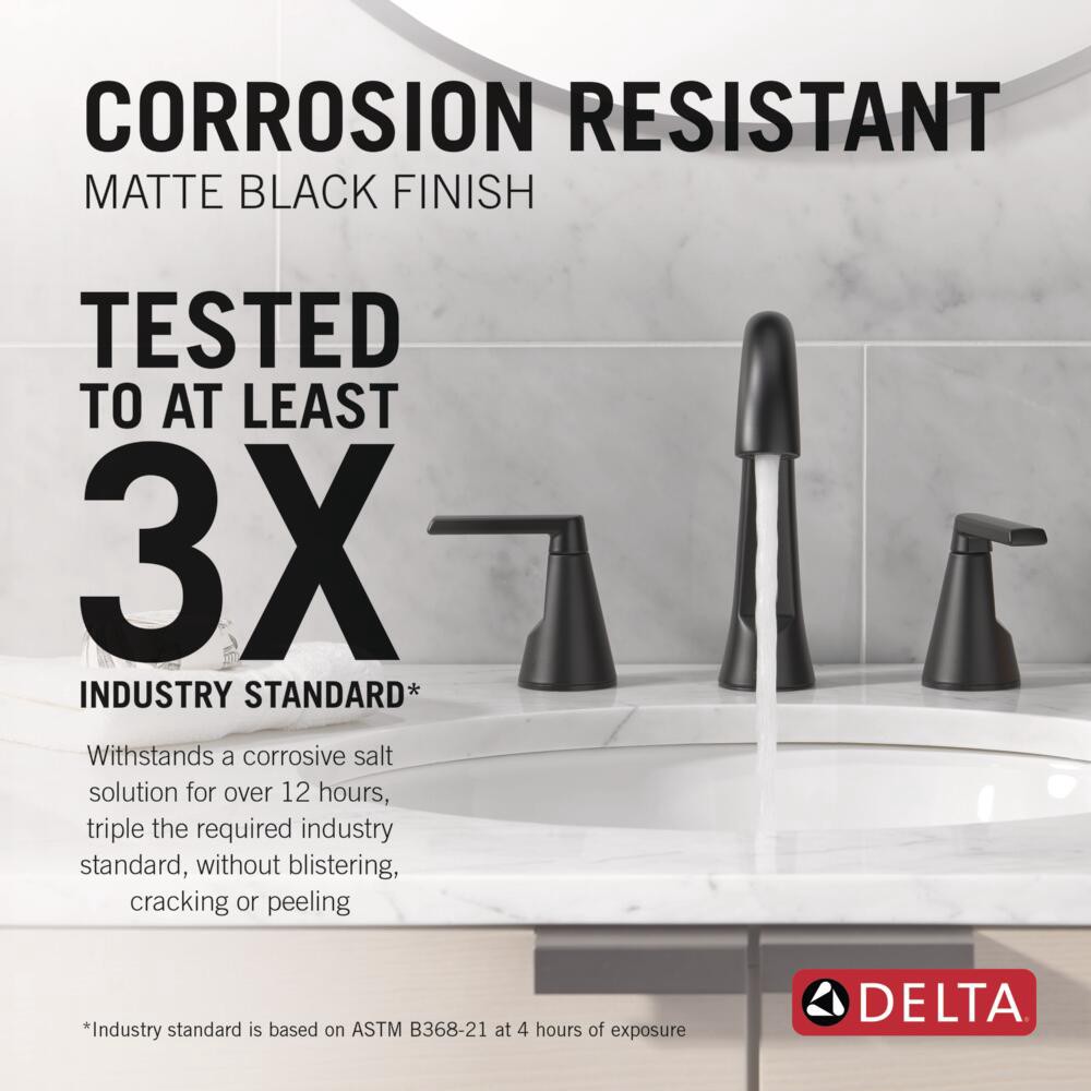 slide 3 of 6, Delta Sparrow Black Matte Black Widespread 2-handle WaterSense Mid-arc Residential Handle Bathroom Sink Faucet with Drain, 1 ct