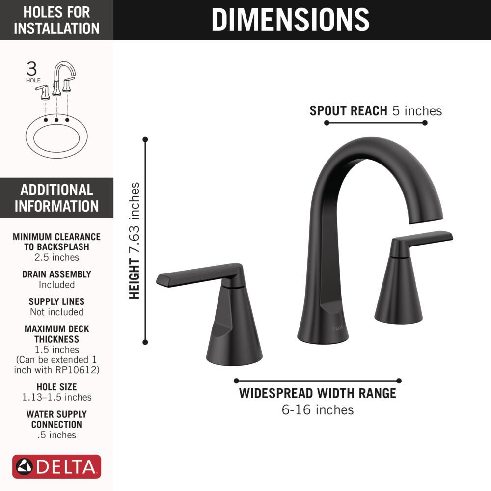slide 6 of 6, Delta Sparrow Black Matte Black Widespread 2-handle WaterSense Mid-arc Residential Handle Bathroom Sink Faucet with Drain, 1 ct