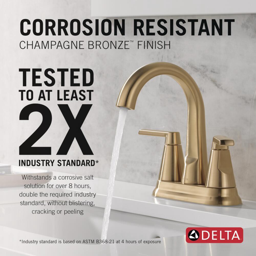 slide 3 of 6, Delta Sparrow Gold Champagne Bronze 4-in centerset 2-handle WaterSense Mid-arc Residential Handle Bathroom Sink Faucet with Drain, 1 ct
