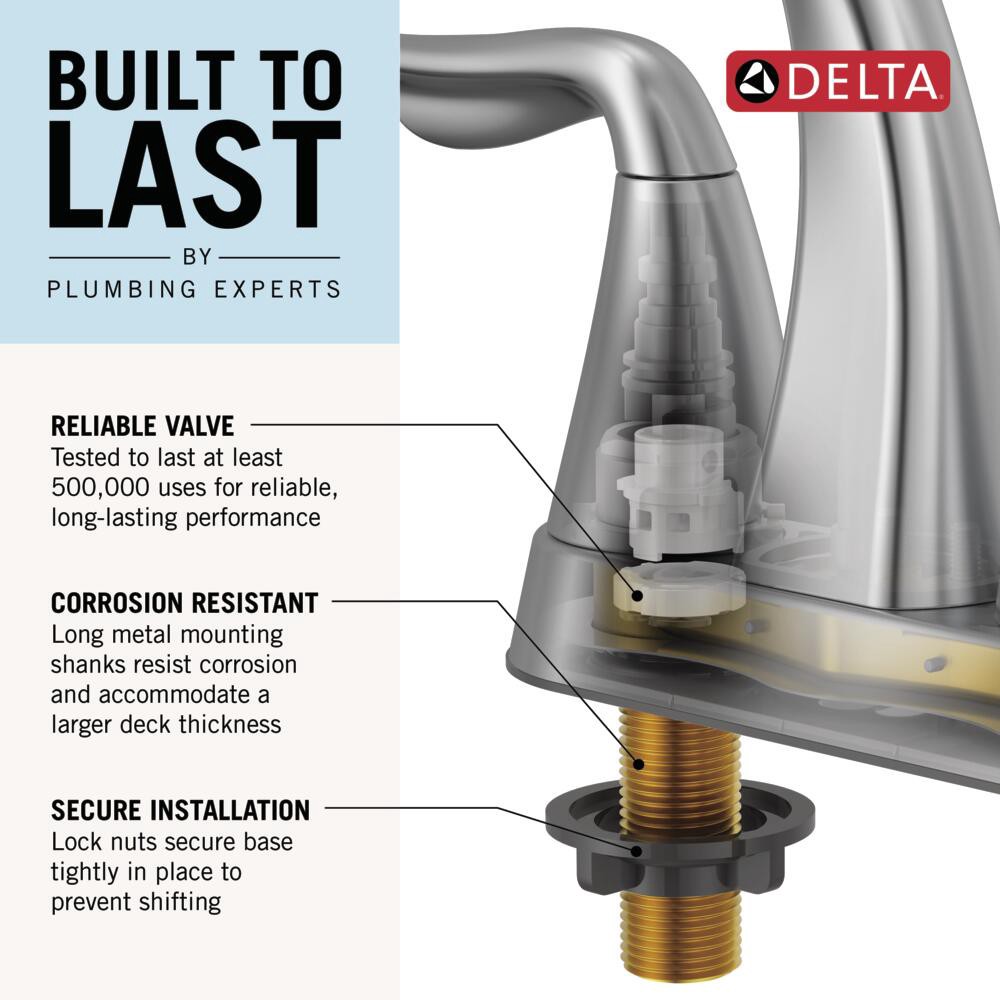 slide 5 of 6, Delta Sparrow Gold Champagne Bronze 4-in centerset 2-handle WaterSense Mid-arc Residential Handle Bathroom Sink Faucet with Drain, 1 ct