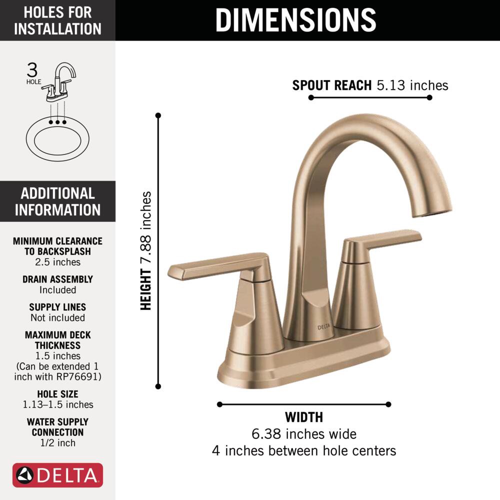 slide 6 of 6, Delta Sparrow Gold Champagne Bronze 4-in centerset 2-handle WaterSense Mid-arc Residential Handle Bathroom Sink Faucet with Drain, 1 ct