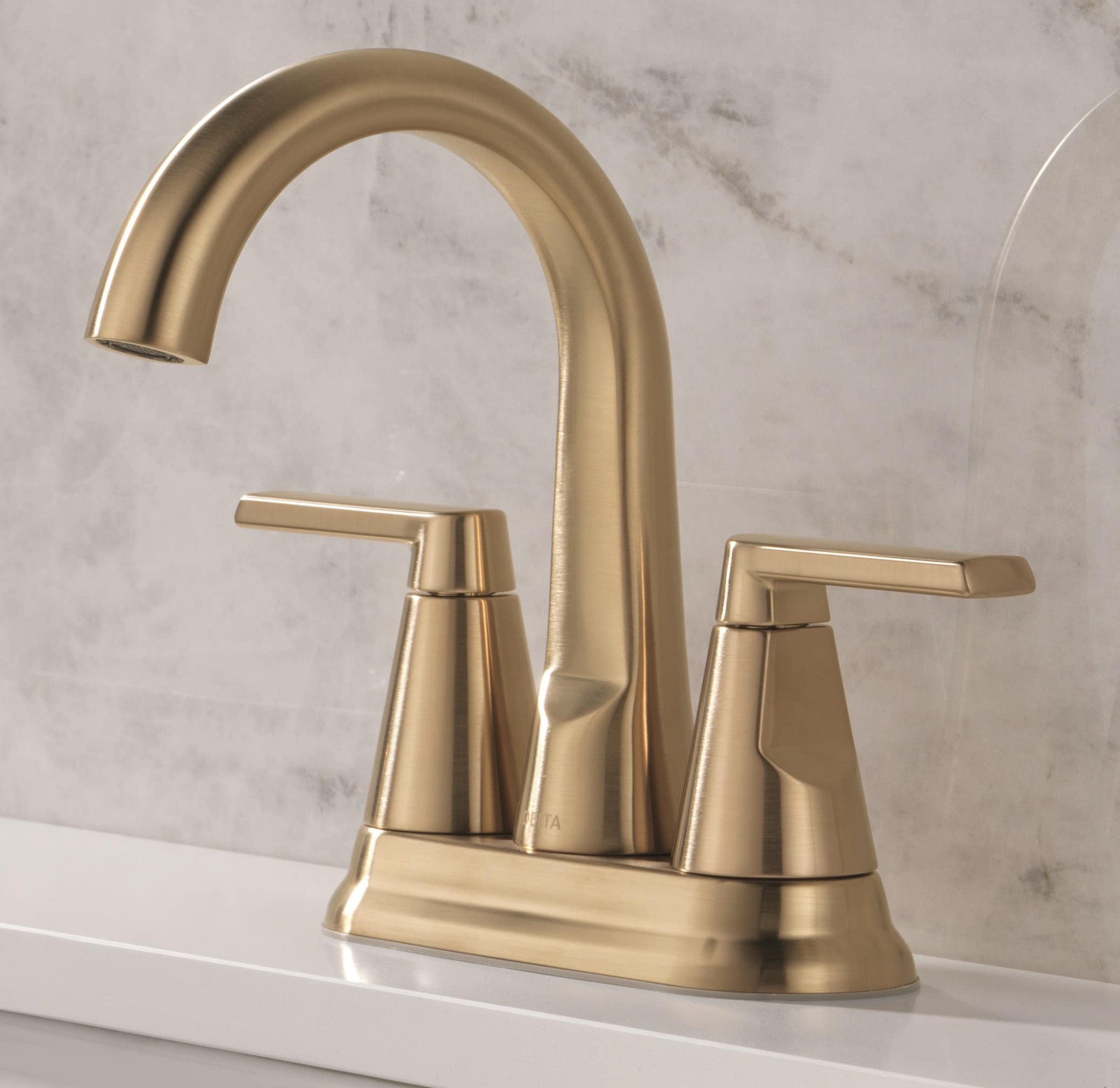 slide 1 of 6, Delta Sparrow Gold Champagne Bronze 4-in centerset 2-handle WaterSense Mid-arc Residential Handle Bathroom Sink Faucet with Drain, 1 ct