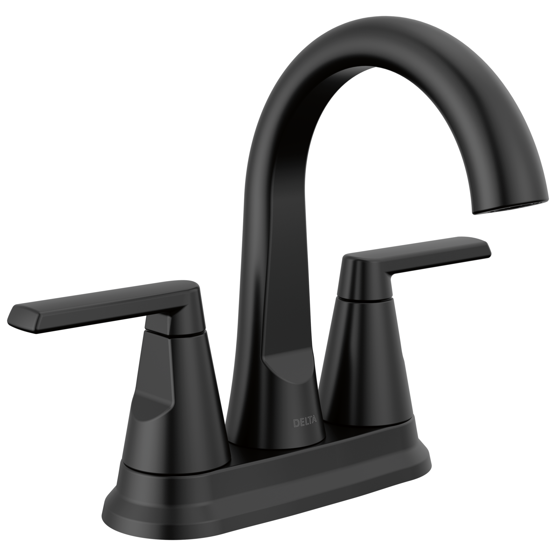 slide 2 of 6, Delta Sparrow Black Matte Black 4-in centerset 2-handle WaterSense Mid-arc Residential Handle Bathroom Sink Faucet with Drain, 1 ct