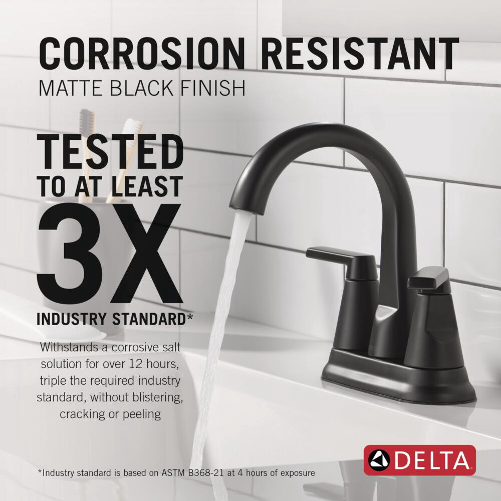 slide 3 of 6, Delta Sparrow Black Matte Black 4-in centerset 2-handle WaterSense Mid-arc Residential Handle Bathroom Sink Faucet with Drain, 1 ct