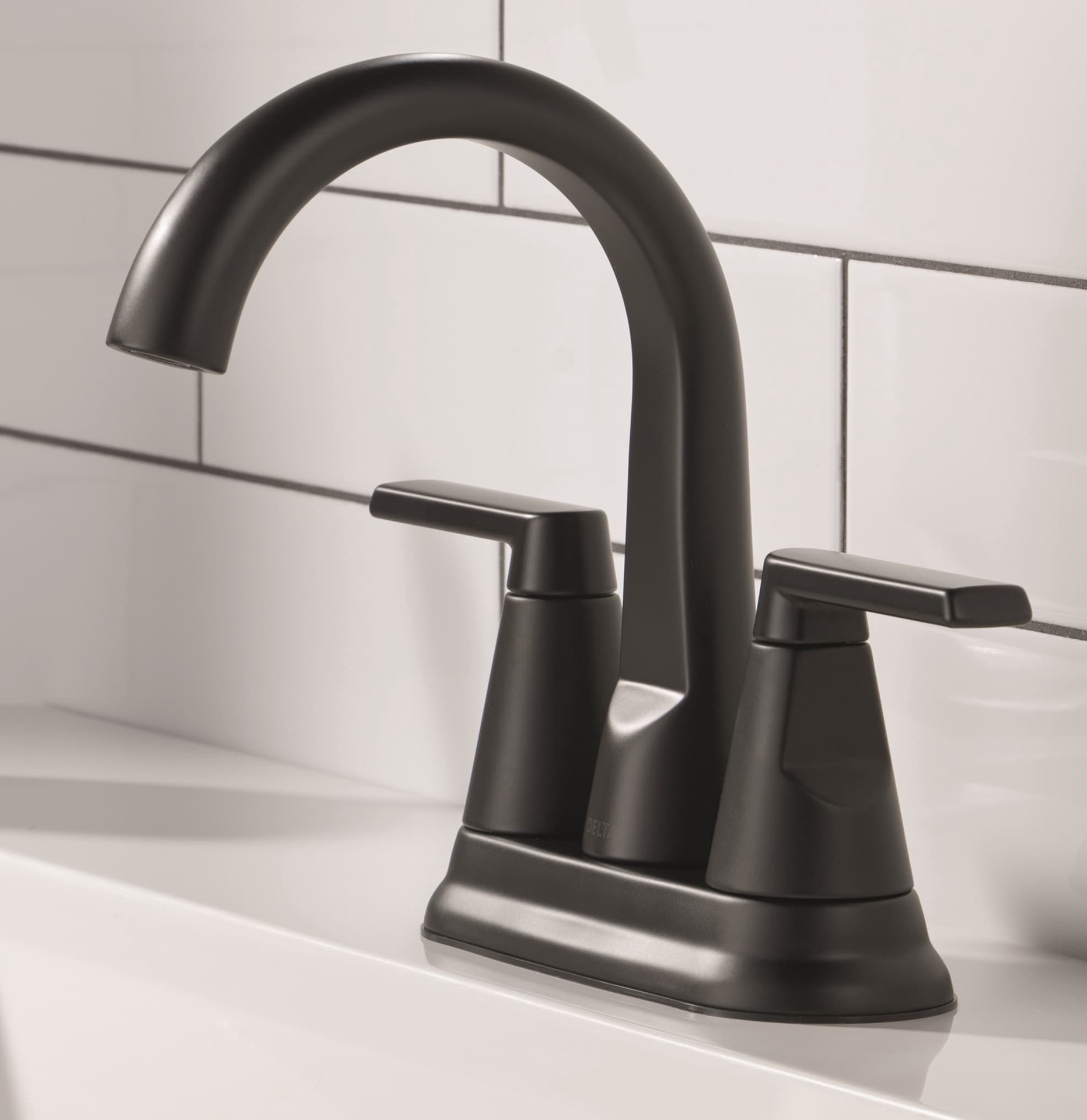 slide 1 of 6, Delta Sparrow Black Matte Black 4-in centerset 2-handle WaterSense Mid-arc Residential Handle Bathroom Sink Faucet with Drain, 1 ct