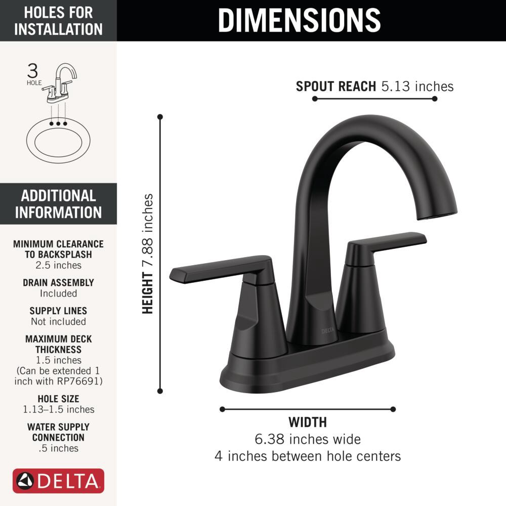 slide 6 of 6, Delta Sparrow Black Matte Black 4-in centerset 2-handle WaterSense Mid-arc Residential Handle Bathroom Sink Faucet with Drain, 1 ct