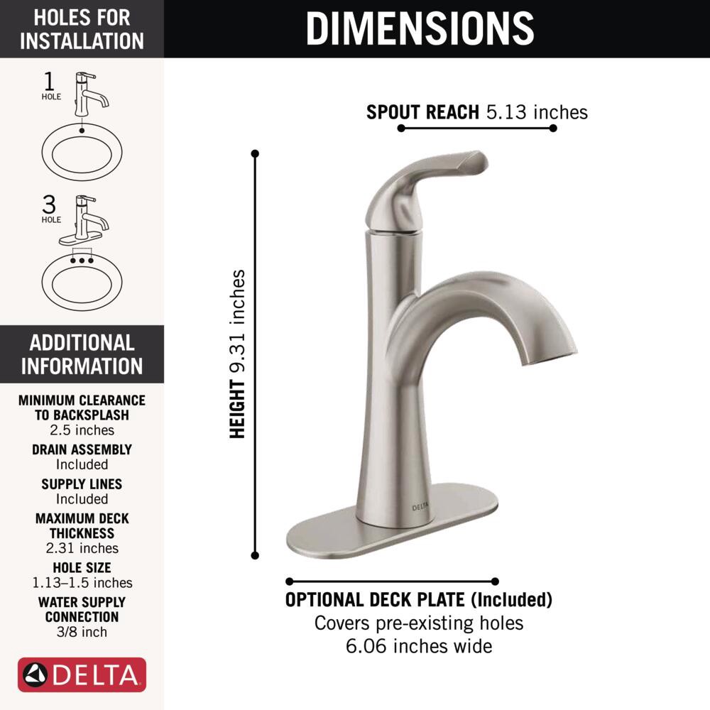 slide 5 of 6, Delta Eldren Spotshield Brushed Nickel Single hole 1-handle WaterSense Mid-arc Residential Handle Bathroom Sink Faucet with Drain with Deck Plate, 1 ct