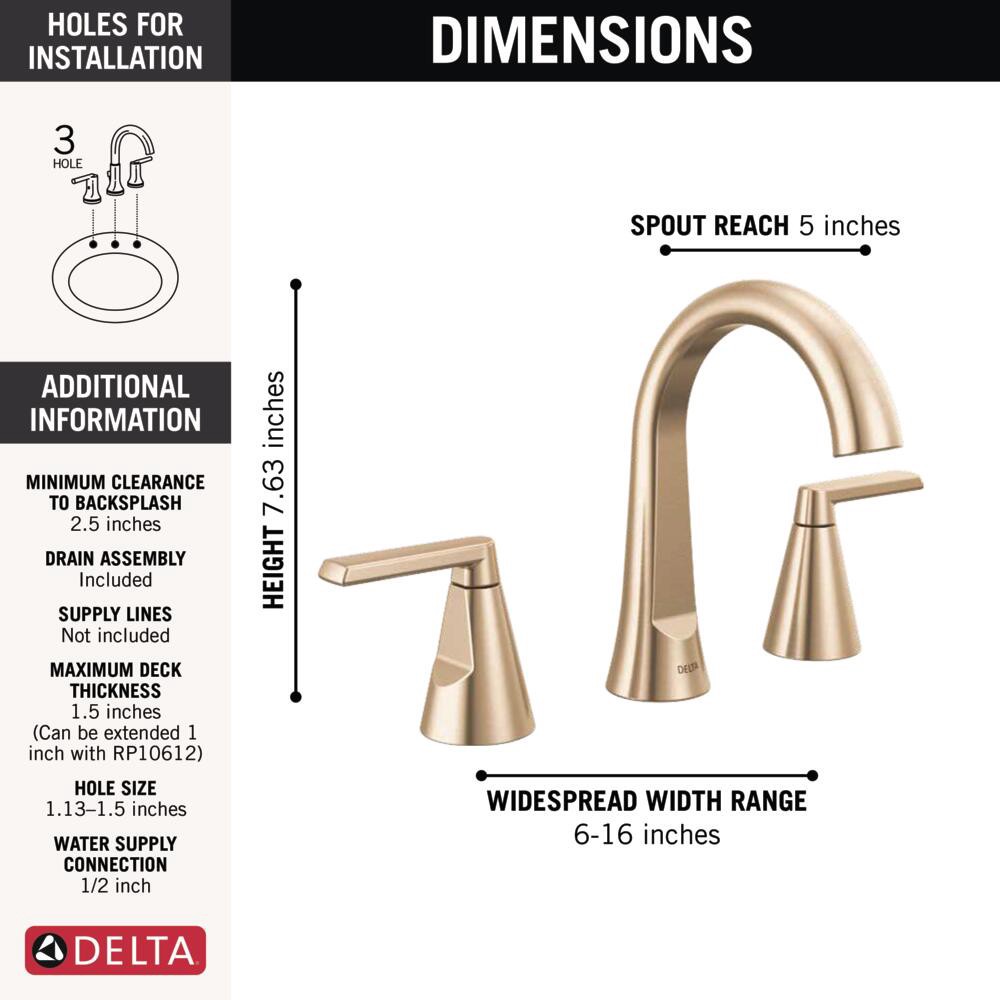 slide 6 of 6, Delta Sparrow Gold Champagne Bronze Widespread 2-handle WaterSense Mid-arc Residential Handle Bathroom Sink Faucet with Drain, 1 ct