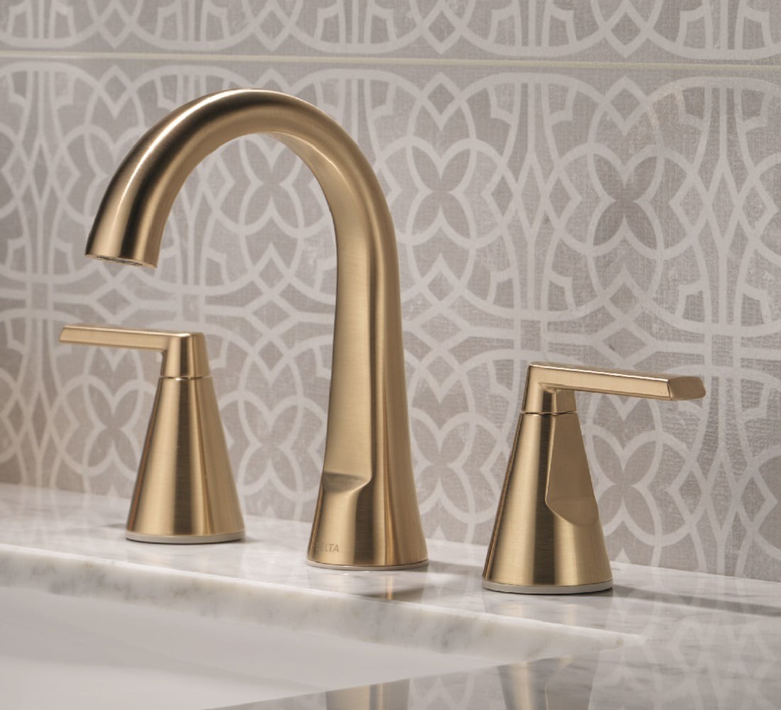 slide 1 of 6, Delta Sparrow Gold Champagne Bronze Widespread 2-handle WaterSense Mid-arc Residential Handle Bathroom Sink Faucet with Drain, 1 ct
