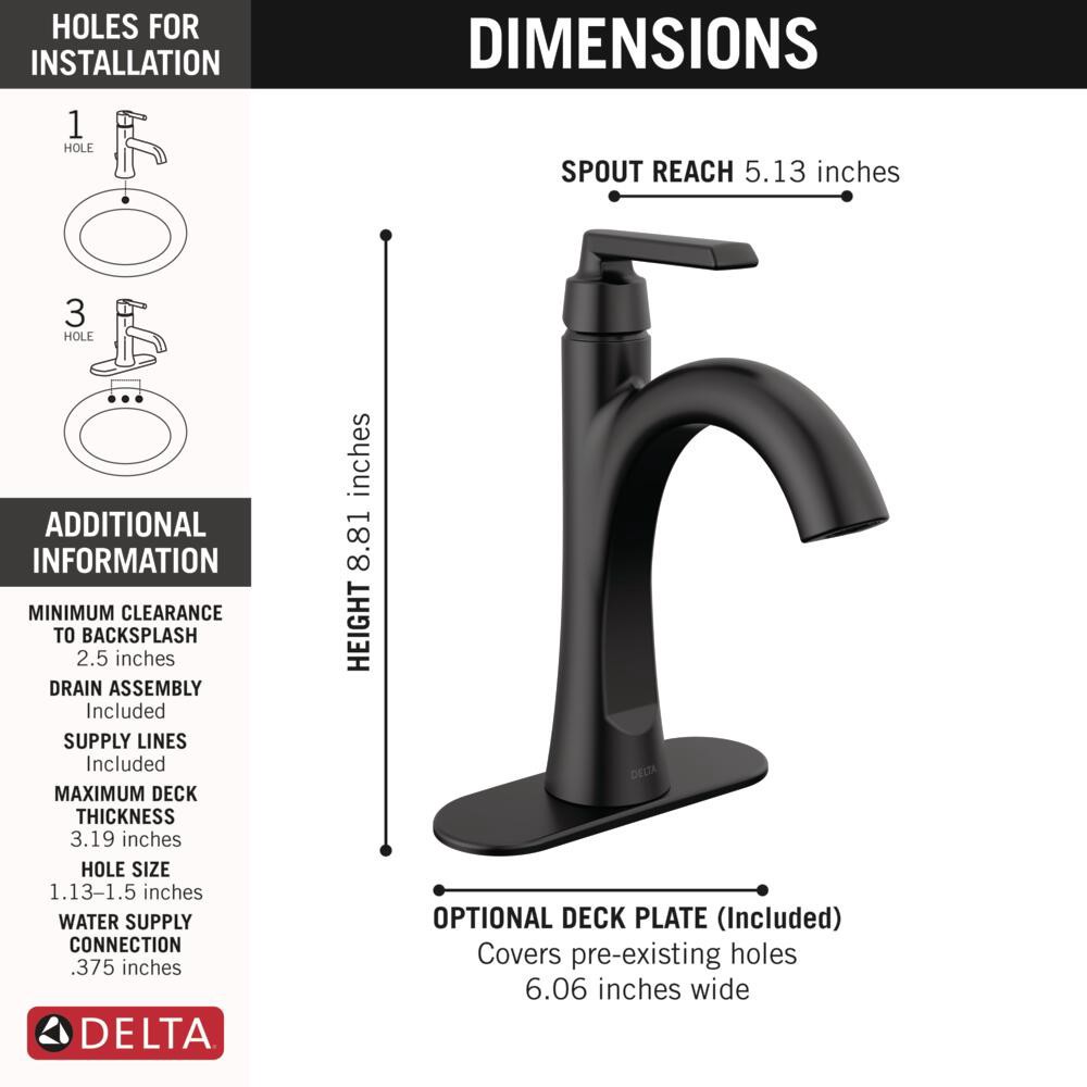 slide 6 of 6, Delta Sparrow Matte Black Single hole 1-handle WaterSense Mid-arc Residential Handle Bathroom Sink Faucet with Drain with Deck Plate, 1 ct