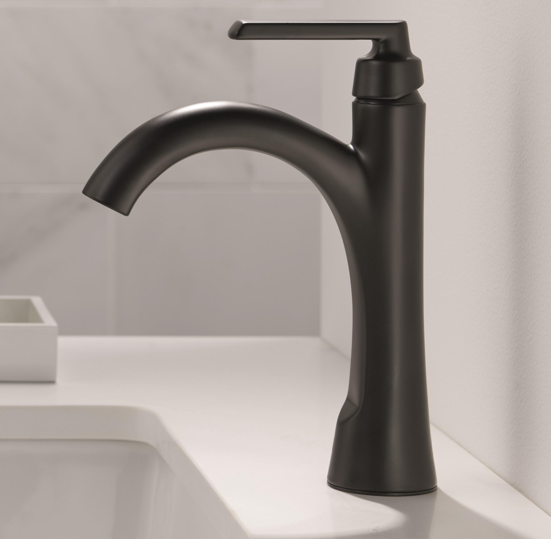 slide 1 of 6, Delta Sparrow Matte Black Single hole 1-handle WaterSense Mid-arc Residential Handle Bathroom Sink Faucet with Drain with Deck Plate, 1 ct