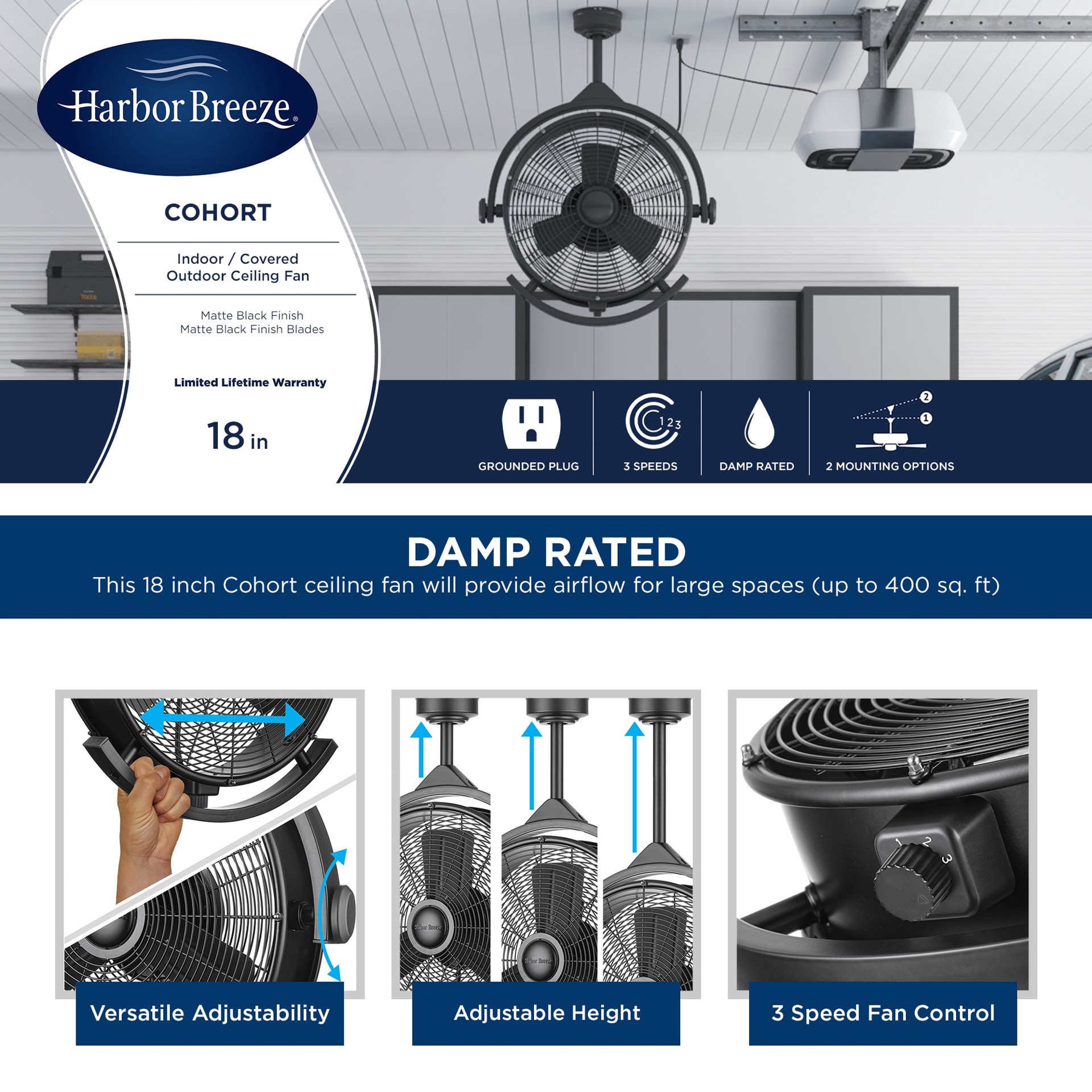 slide 3 of 6, Harbor Breeze Cohort Garage Fan 18-in Outdoor Matte Black with Matte Black Blades Plug-in Ceiling Fan Without Light ( 3 -Blade ), 1 ct