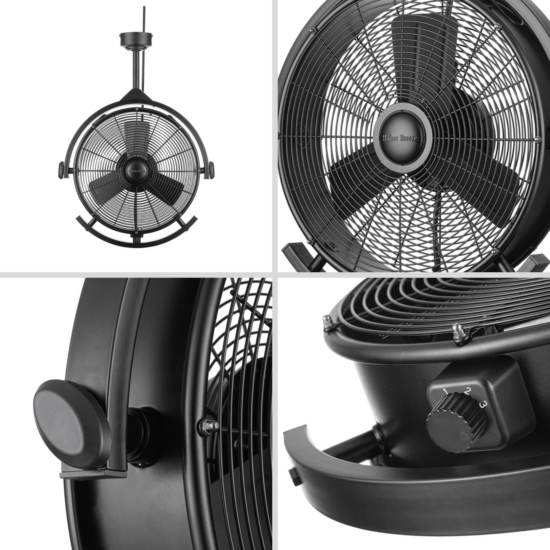 slide 4 of 6, Harbor Breeze Cohort Garage Fan 18-in Outdoor Matte Black with Matte Black Blades Plug-in Ceiling Fan Without Light ( 3 -Blade ), 1 ct
