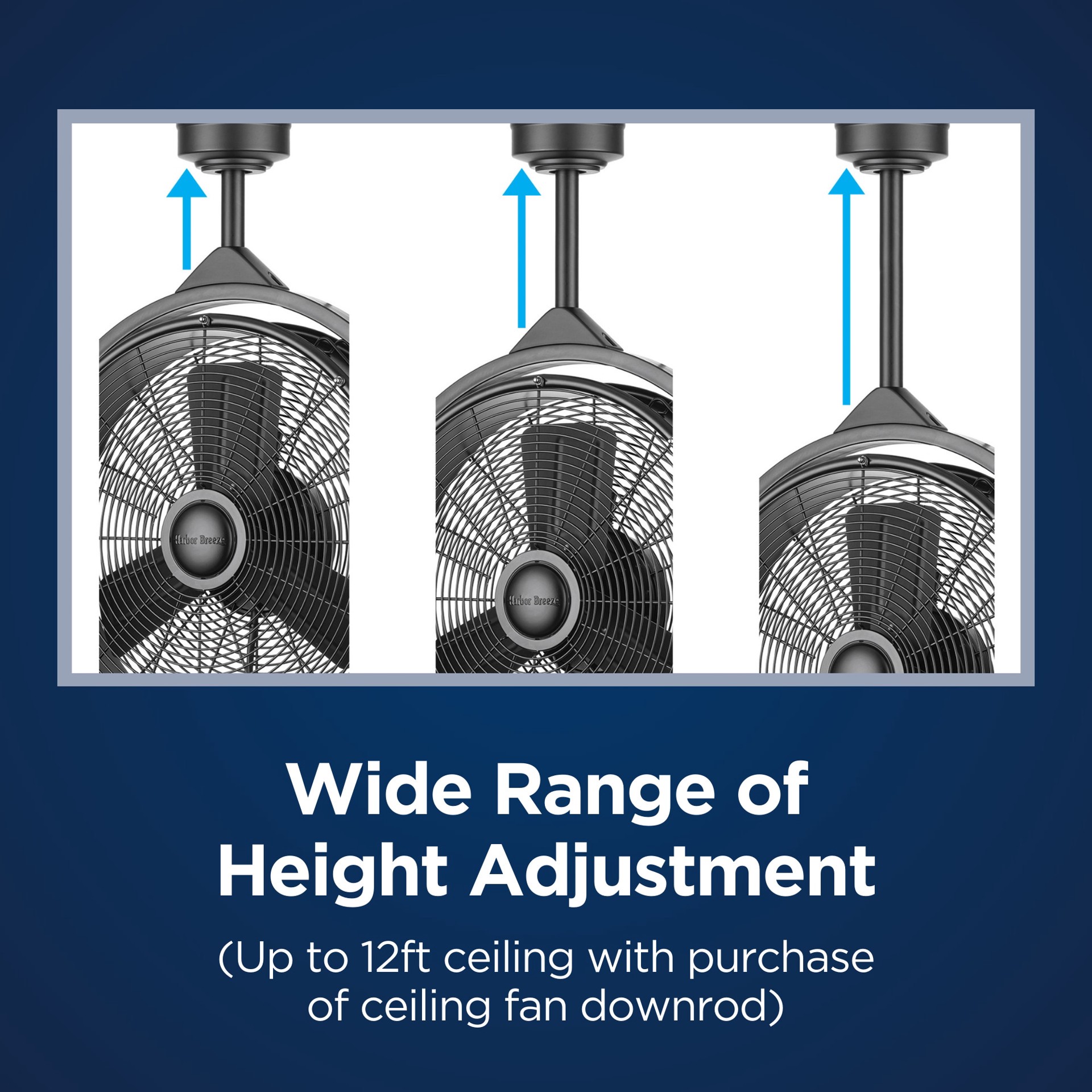 slide 5 of 6, Harbor Breeze Cohort Garage Fan 18-in Outdoor Matte Black with Matte Black Blades Plug-in Ceiling Fan Without Light ( 3 -Blade ), 1 ct