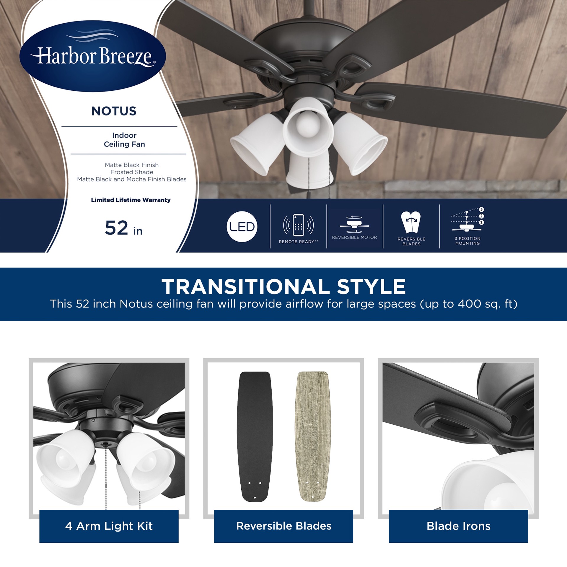 slide 3 of 6, Harbor Breeze Notus 52-in Matte Black with Matte black/rough pine Blades Ceiling Fan With Light 5 -Blade, 1 ct
