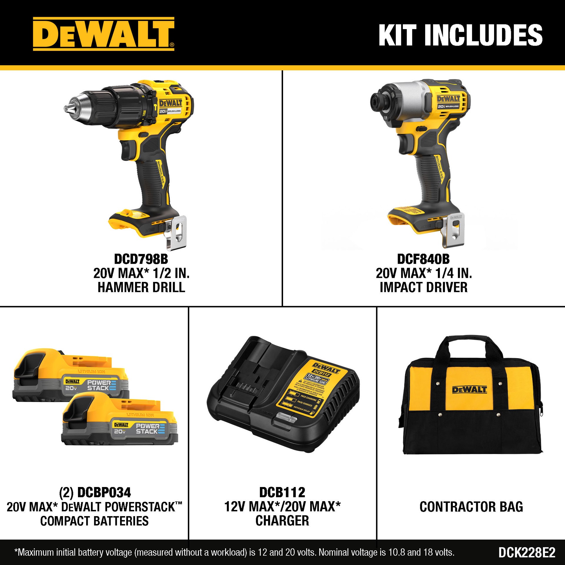 slide 2 of 6, DEWALT 20V MAX 2-Tool Brushless Hammer Drill Power Tool Combo Kit with Soft Case (2-Batteries and Charger Included), 1 ct