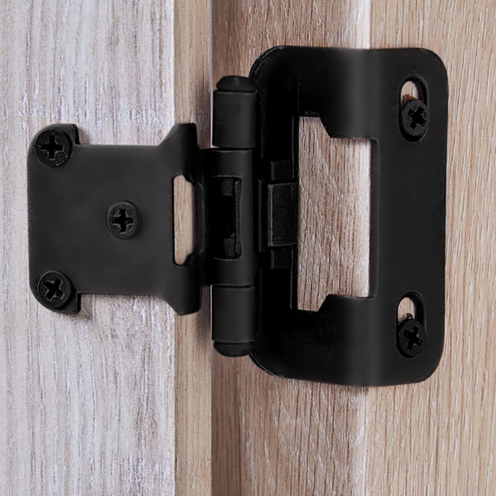 slide 4 of 6, RELIABILT 200-Degree 1/2-in Overlay 1/2-in Inset Semi-wrap Surface Self-Closing Black Cabinet Hinge, 1 Pair(s) 2 -Pieces, 1 ct