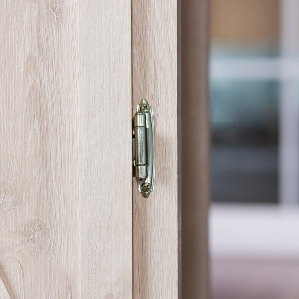 slide 2 of 6, RELIABILT 200-Degree 3/8-in Inset Inset Surface Self-Closing Satin Brass Cabinet Hinge, 1 Pair(s) 2 -Pieces, 1 ct