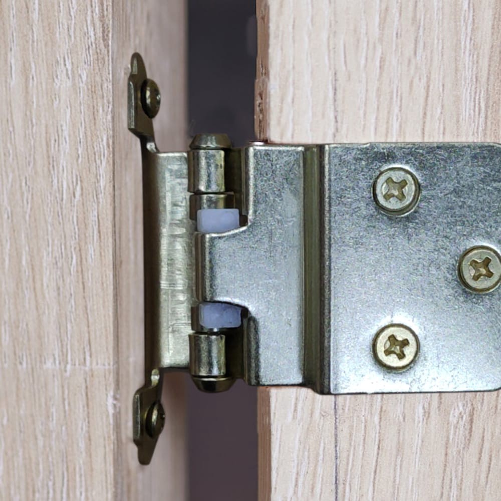 slide 4 of 6, RELIABILT 200-Degree 3/8-in Inset Inset Surface Self-Closing Satin Brass Cabinet Hinge, 1 Pair(s) 2 -Pieces, 1 ct