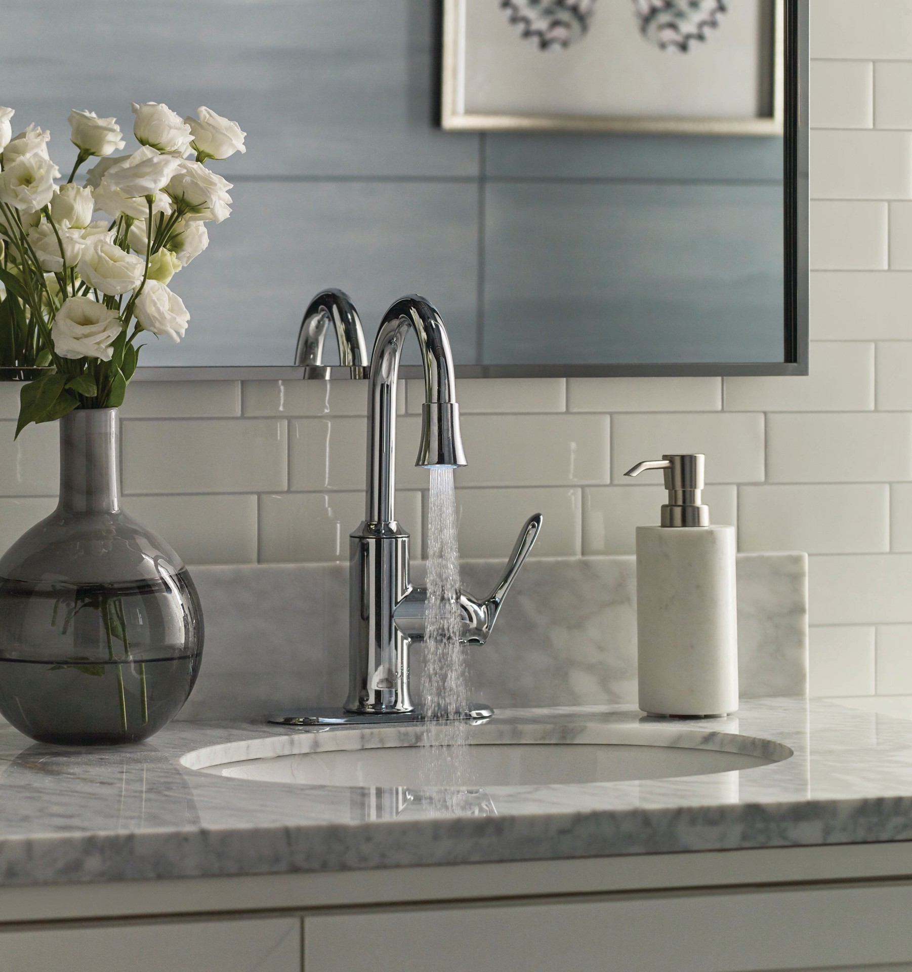 slide 4 of 6, allen + roth Brookes Chrome 4-in centerset 1-handle WaterSense High-arc Residential Handle Bathroom Sink Faucet with Drain with Deck Plate, 1 ct