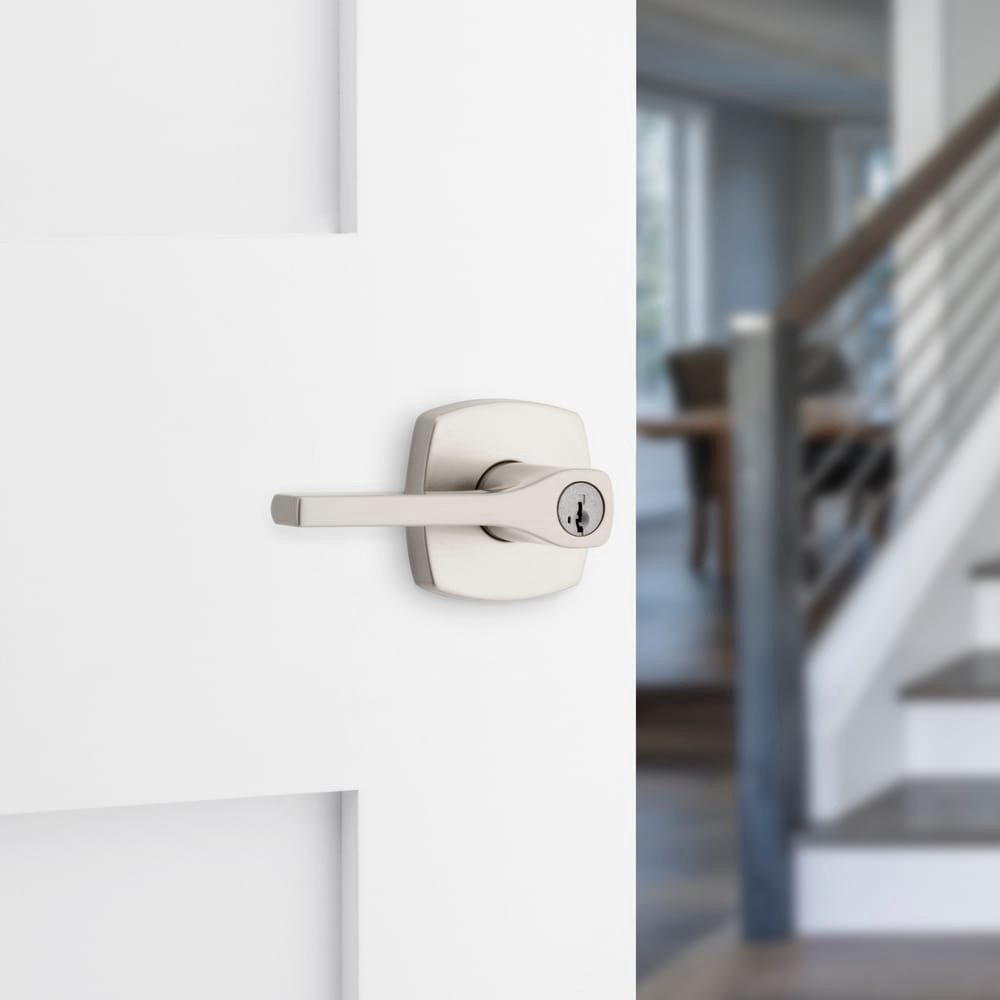 slide 2 of 6, Kwikset Signature Series Tripoli Satin Nickel Exterior Keyed Entry Door Handle ft. SmartKey Security, 1 ct