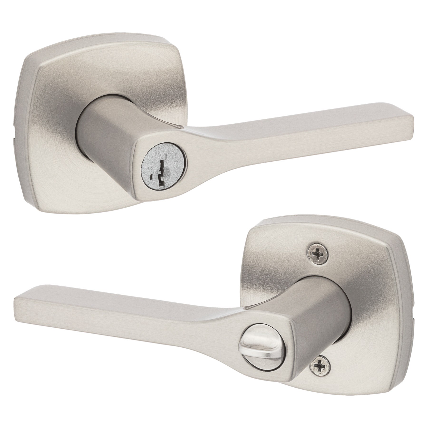 slide 1 of 6, Kwikset Signature Series Tripoli Satin Nickel Exterior Keyed Entry Door Handle ft. SmartKey Security, 1 ct