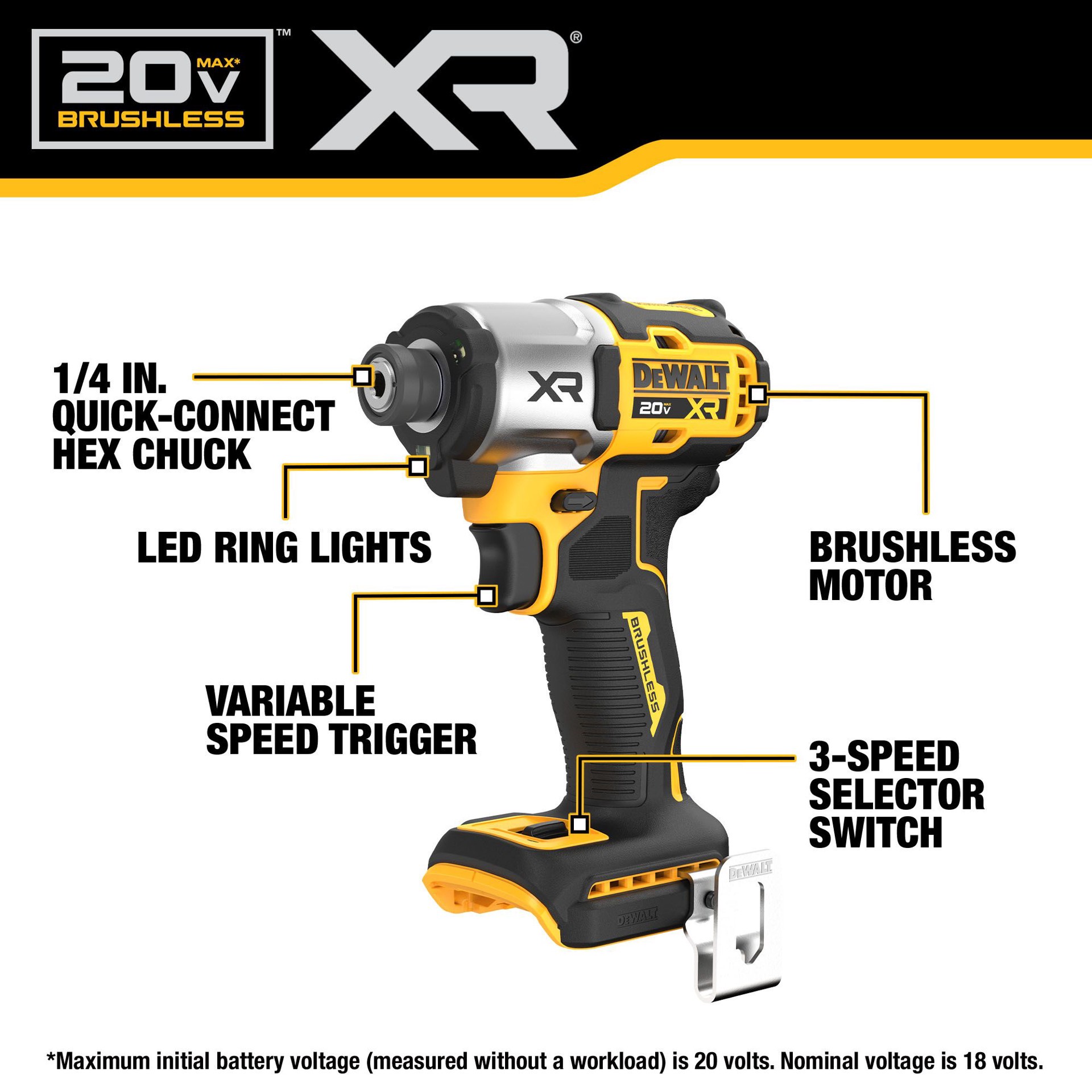 slide 2 of 6, DEWALT XR 20-volt max 1/4-in Brushless Cordless Impact Driver (Battery Not Included and Charger Not Included ), 1 ct