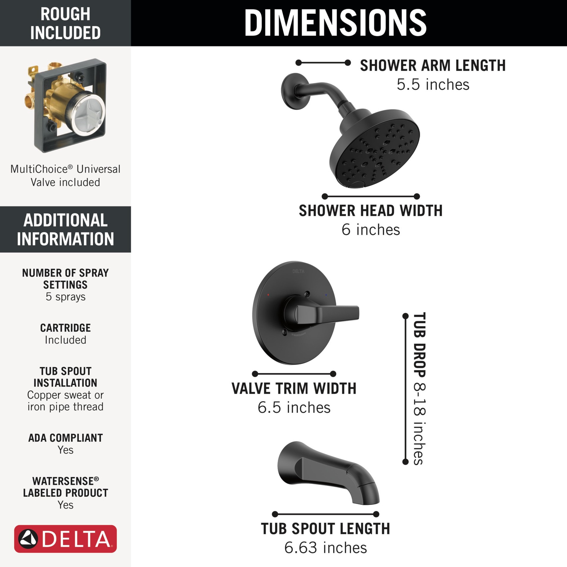 slide 4 of 6, Delta Sparrow Matte Black 1-handle 6-in Round Bathtub and shower Faucet (Multi-function), 1 ct
