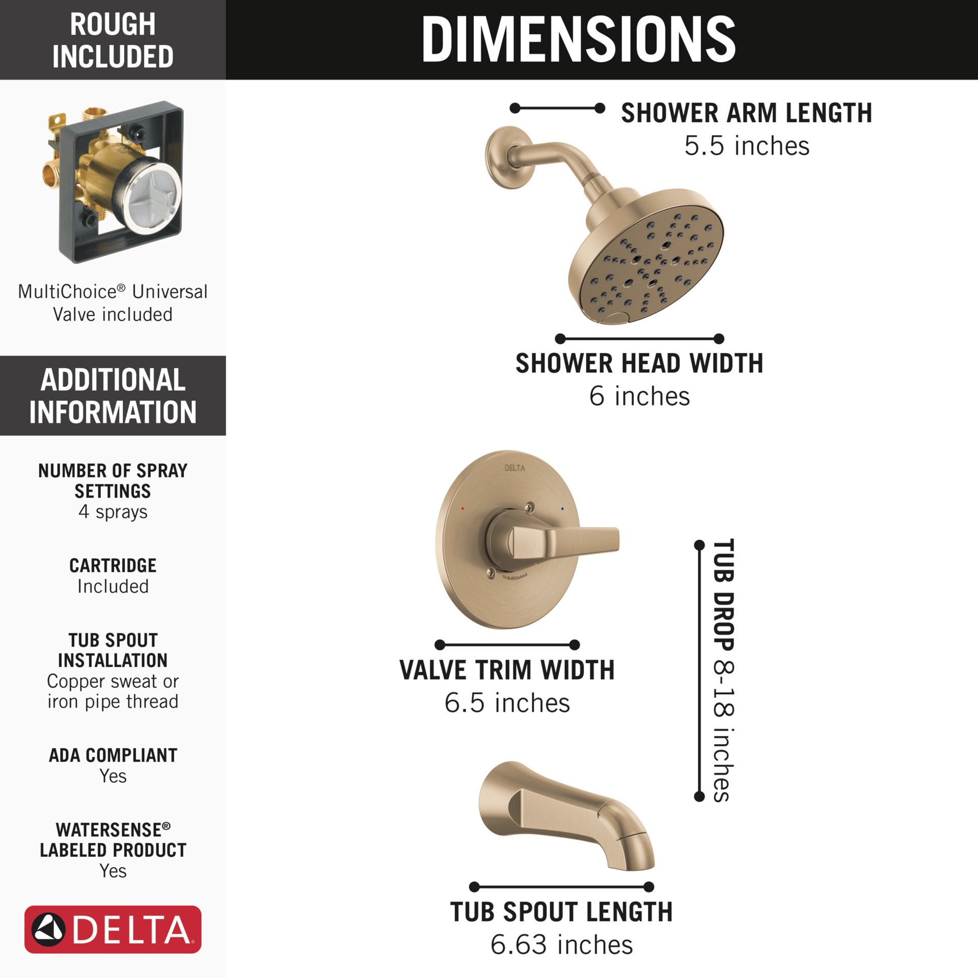 slide 4 of 6, Delta Sparrow Champagne Bronze 1-handle 6-in Round Bathtub and shower Faucet (Multi-function), 1 ct