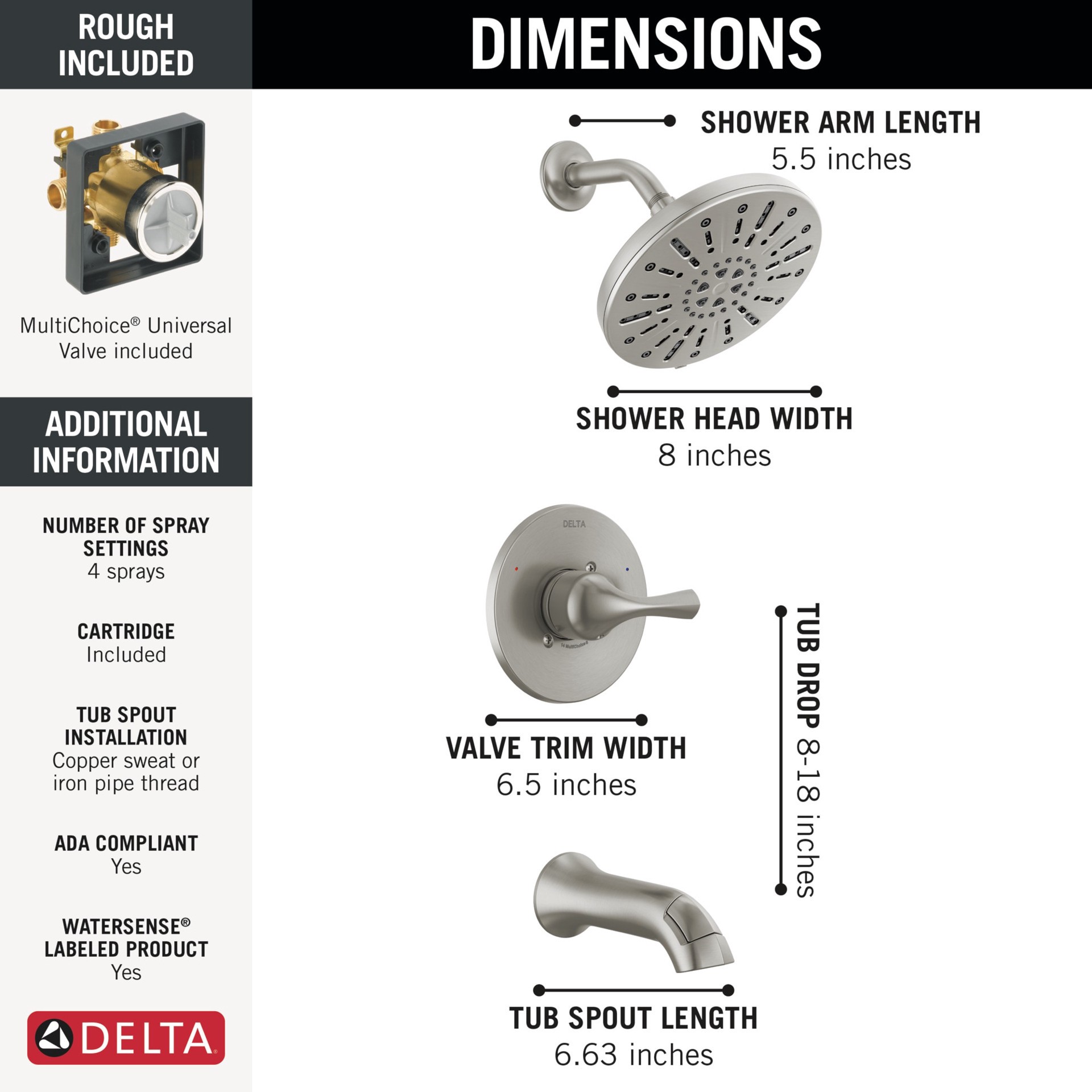 slide 3 of 6, Delta Eldren Spotshield Brushed Nickel 1-handle 8-in Round Bathtub and shower Faucet (Multi-function), 1 ct