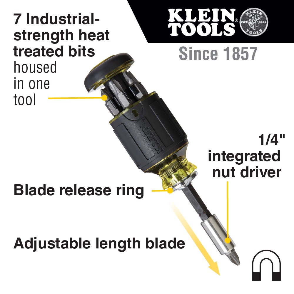 slide 2 of 6, Klein Tools 8-in-1 Multi-Bit Adjustable Length Stubby Screwdriver, 1 ct