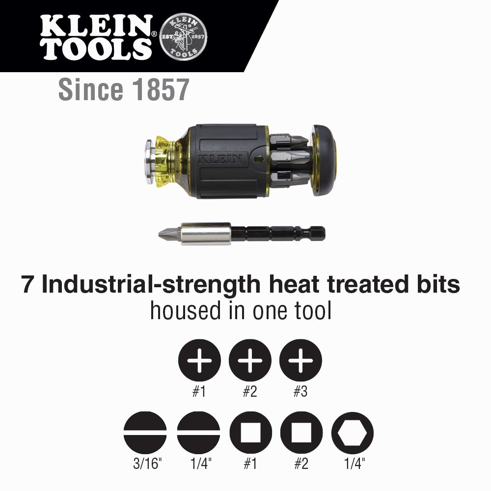 slide 3 of 6, Klein Tools 8-in-1 Multi-Bit Adjustable Length Stubby Screwdriver, 1 ct