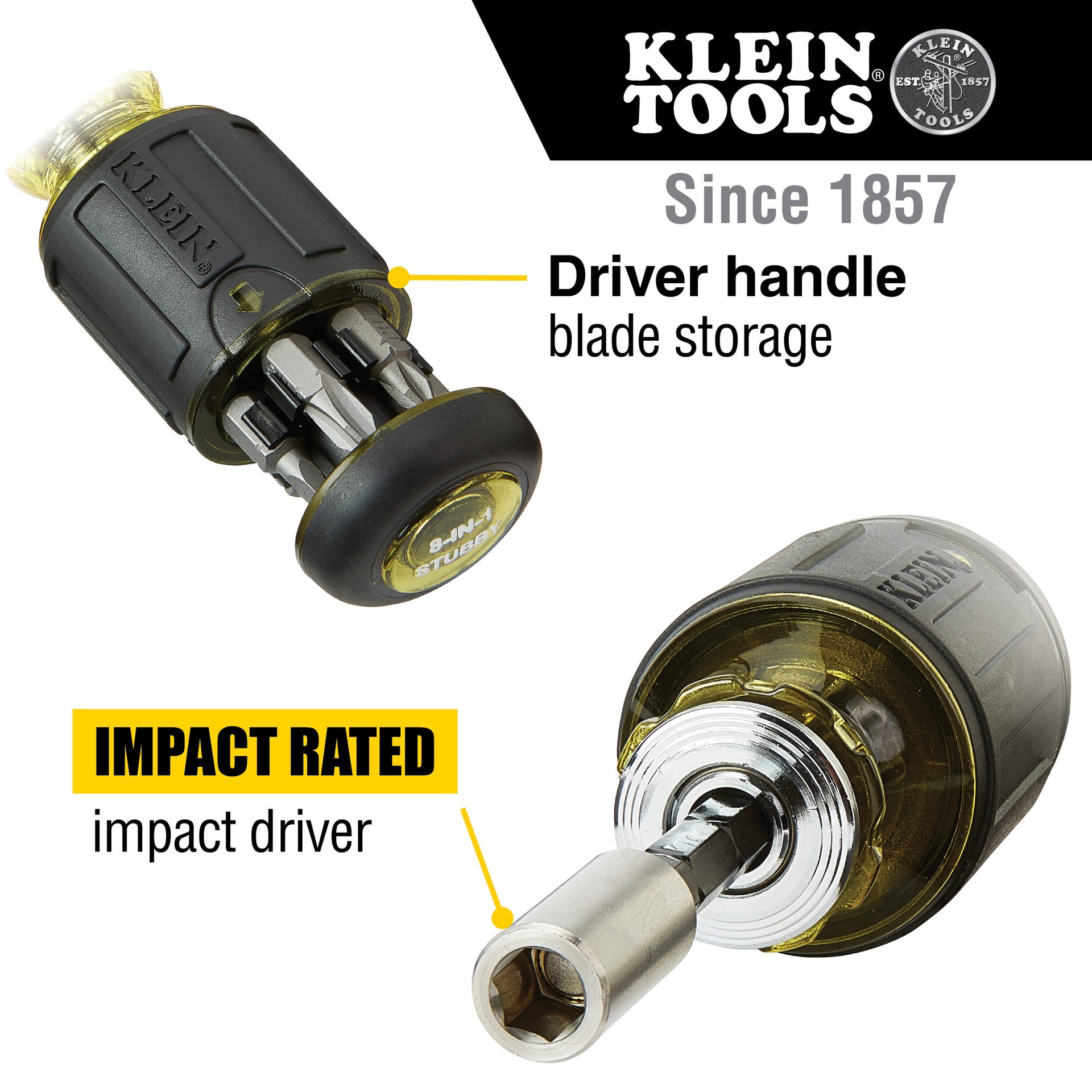 slide 5 of 6, Klein Tools 8-in-1 Multi-Bit Adjustable Length Stubby Screwdriver, 1 ct