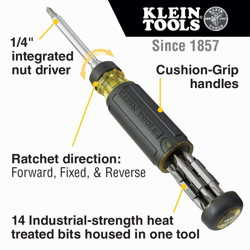 slide 2 of 6, Klein Tools 15-in-1 Multi-Bit Ratcheting Screwdriver, 1 ct