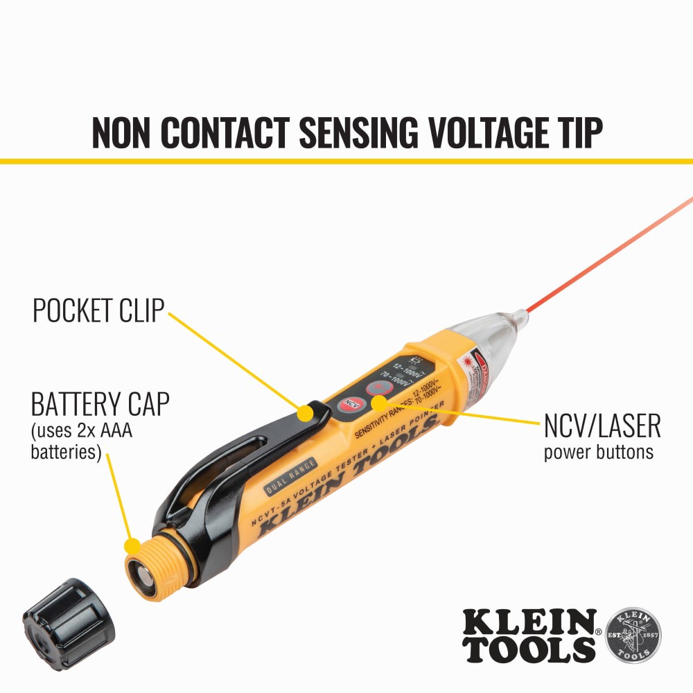 slide 3 of 6, Klein Tools Dual Range Non-Contact Voltage Tester Pen with Laser Pointer, 12 to 1000V AC, 1 ct