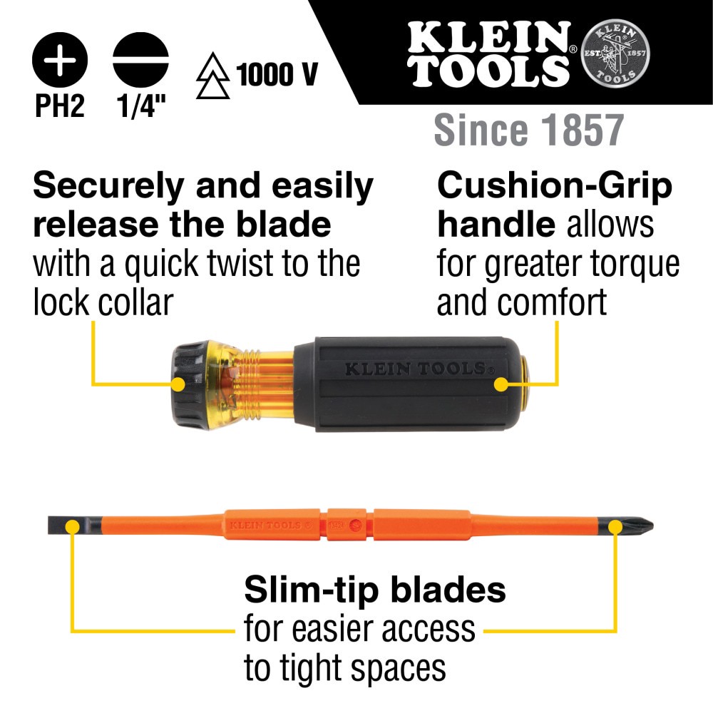 slide 2 of 6, Klein Tools Flip-Blade Insulated Screwdriver, 2-in1, Ph Bit #2, Sl Bit 1/4-Inch, 1 ct