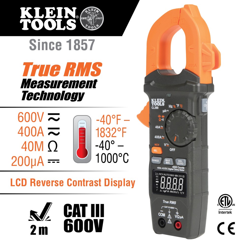 slide 2 of 6, Klein Tools AC/DC Digital Clamp Meter, Auto-Ranging 400 Amp, 1 ct