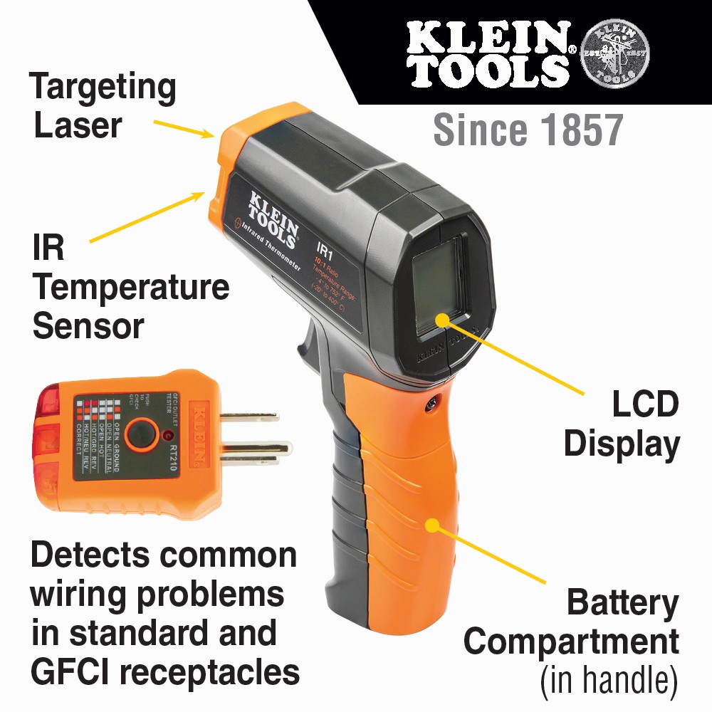 slide 2 of 6, Klein Tools Infrared Thermometer with GFCI Receptacle Tester, 1 ct