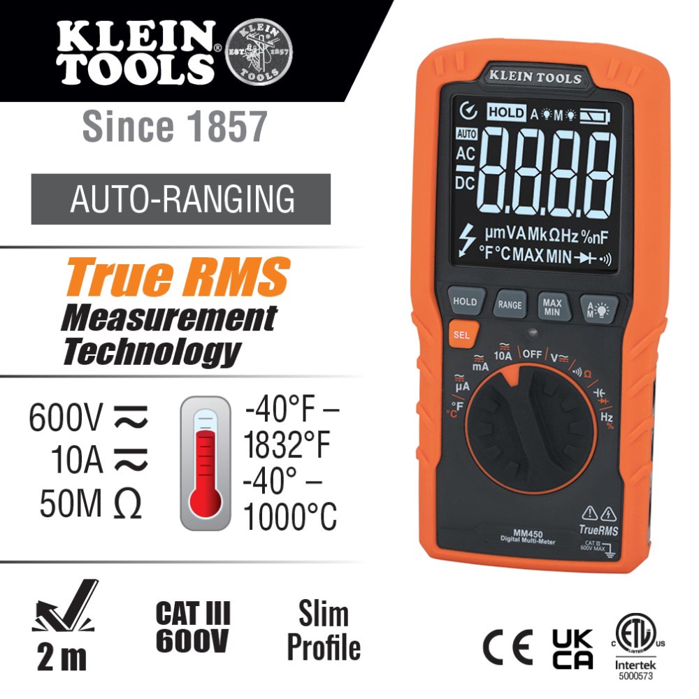 slide 2 of 6, Klein Tools Slim Digital Multimeter, TRMS Auto-Ranging, 600V, Temp, 1 ct