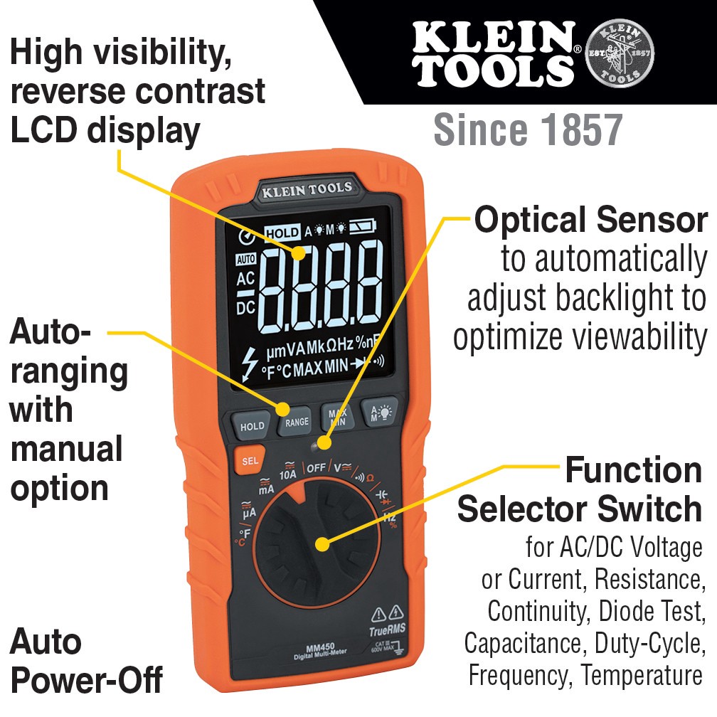 slide 3 of 6, Klein Tools Slim Digital Multimeter, TRMS Auto-Ranging, 600V, Temp, 1 ct