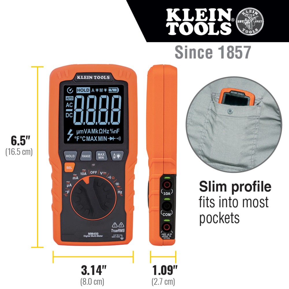 slide 4 of 6, Klein Tools Slim Digital Multimeter, TRMS Auto-Ranging, 600V, Temp, 1 ct