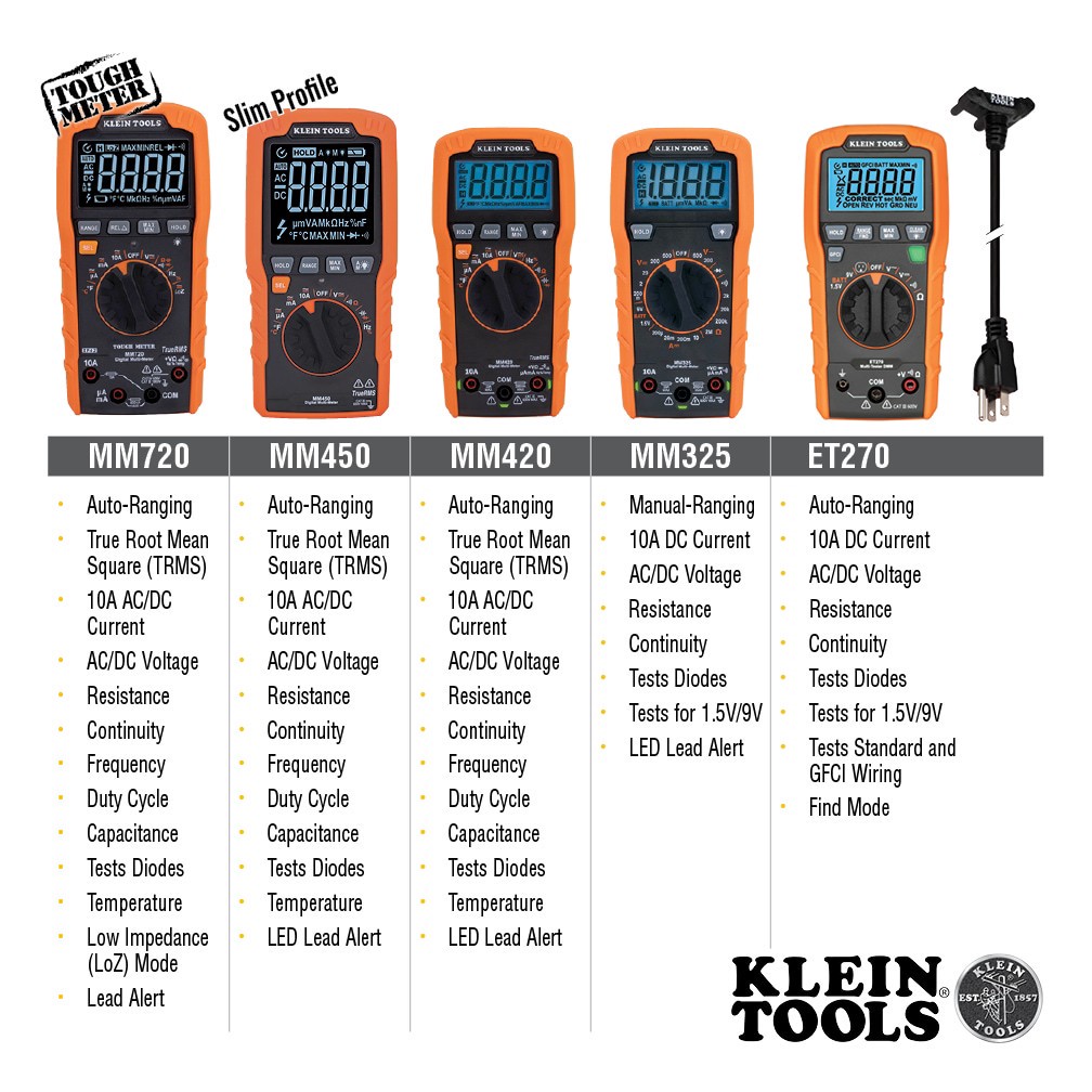 slide 5 of 6, Klein Tools Slim Digital Multimeter, TRMS Auto-Ranging, 600V, Temp, 1 ct