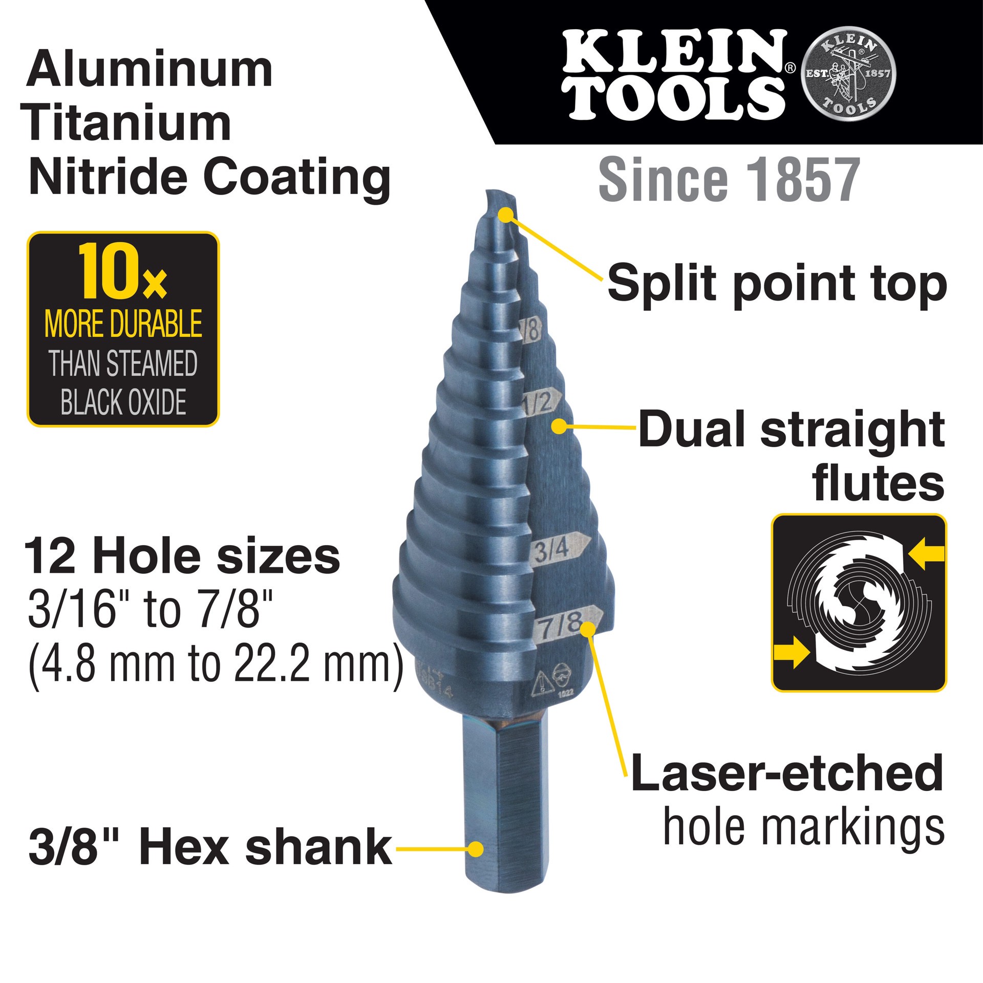slide 2 of 6, Klein Tools 12-Step Drill Bit, 3/8-Inch Hex, Double Straight Flute, 3/16-Inch to 7/8-Inch, 1 ct