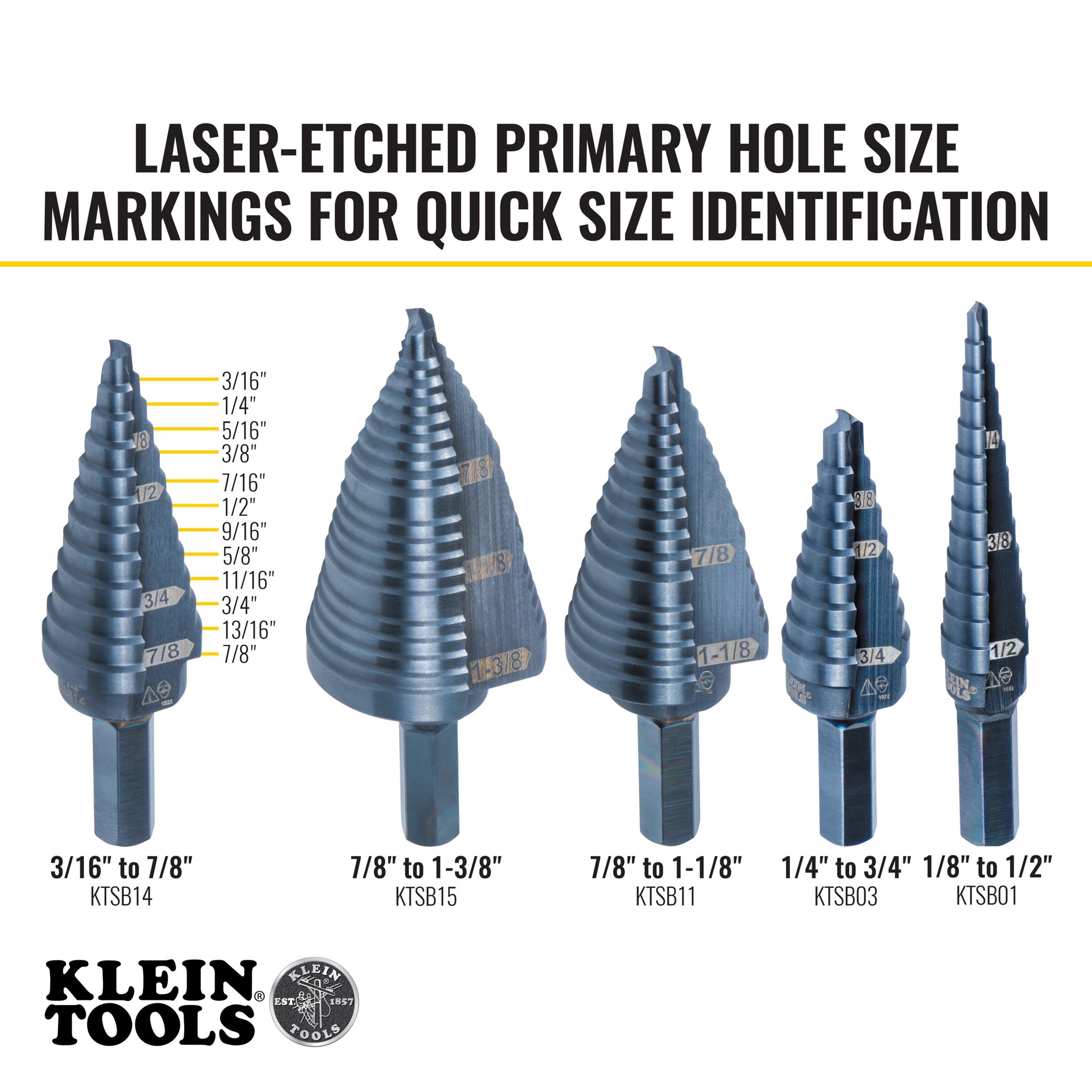 slide 3 of 6, Klein Tools 12-Step Drill Bit, 3/8-Inch Hex, Double Straight Flute, 3/16-Inch to 7/8-Inch, 1 ct