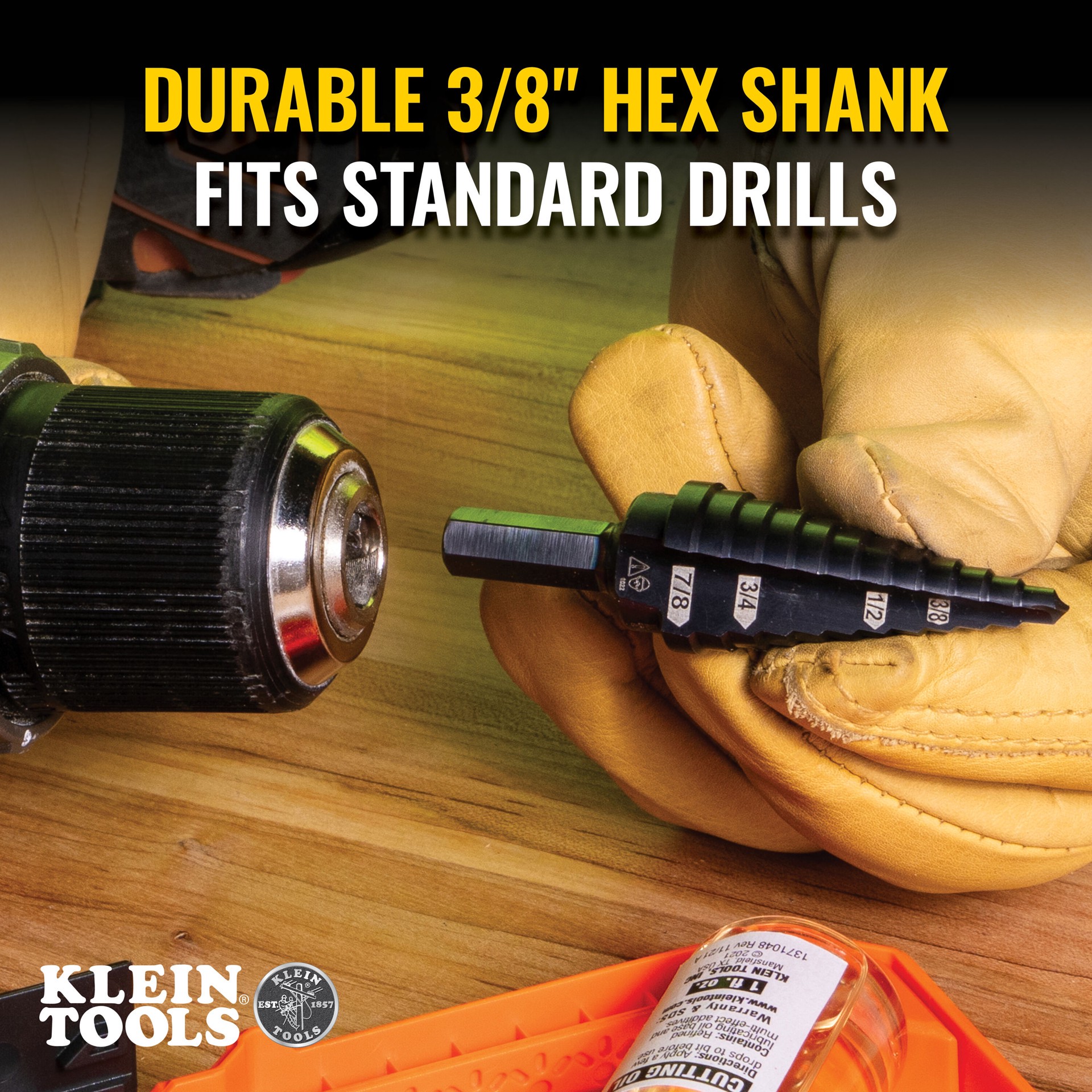 slide 4 of 6, Klein Tools 12-Step Drill Bit, 3/8-Inch Hex, Double Straight Flute, 3/16-Inch to 7/8-Inch, 1 ct