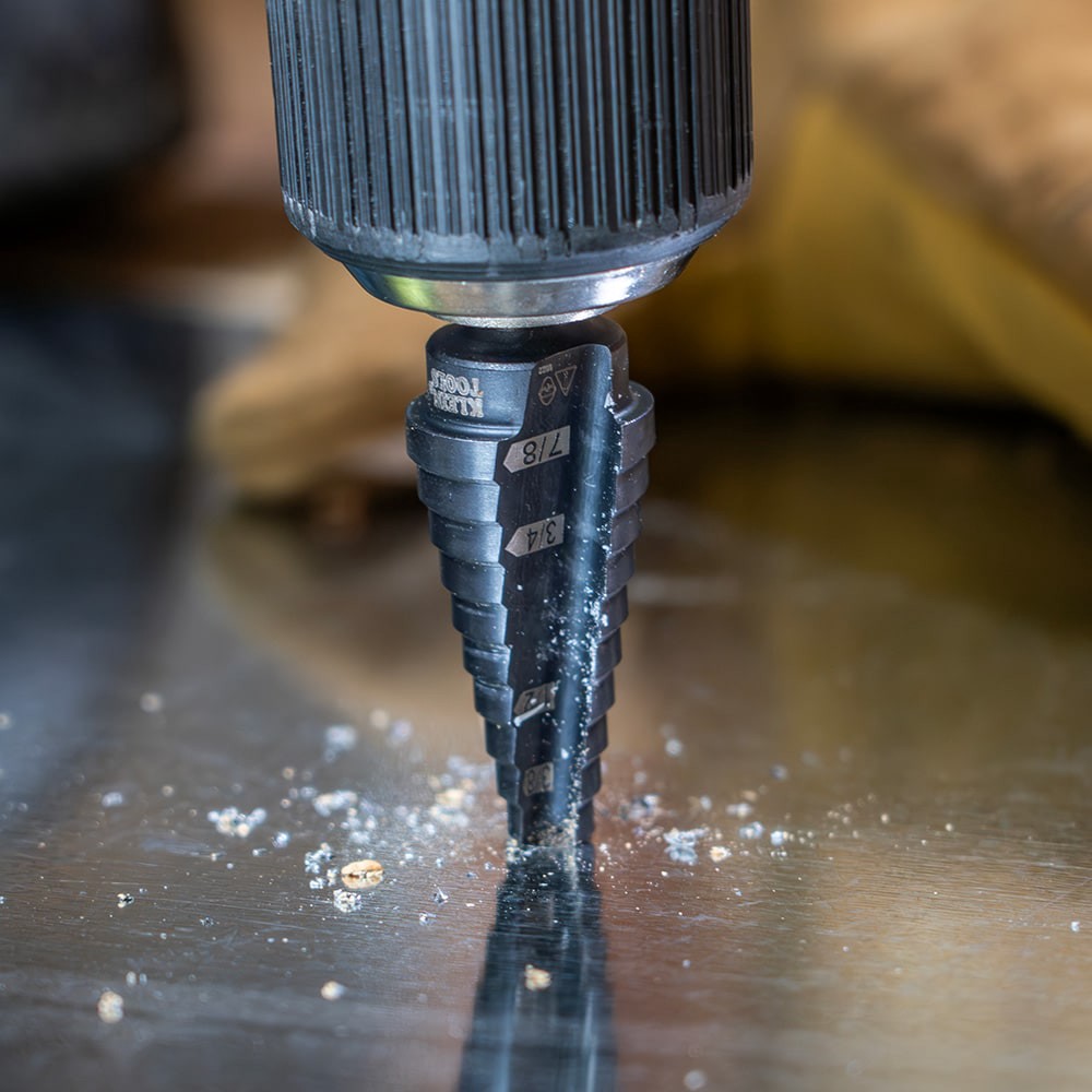 slide 6 of 6, Klein Tools 12-Step Drill Bit, 3/8-Inch Hex, Double Straight Flute, 3/16-Inch to 7/8-Inch, 1 ct