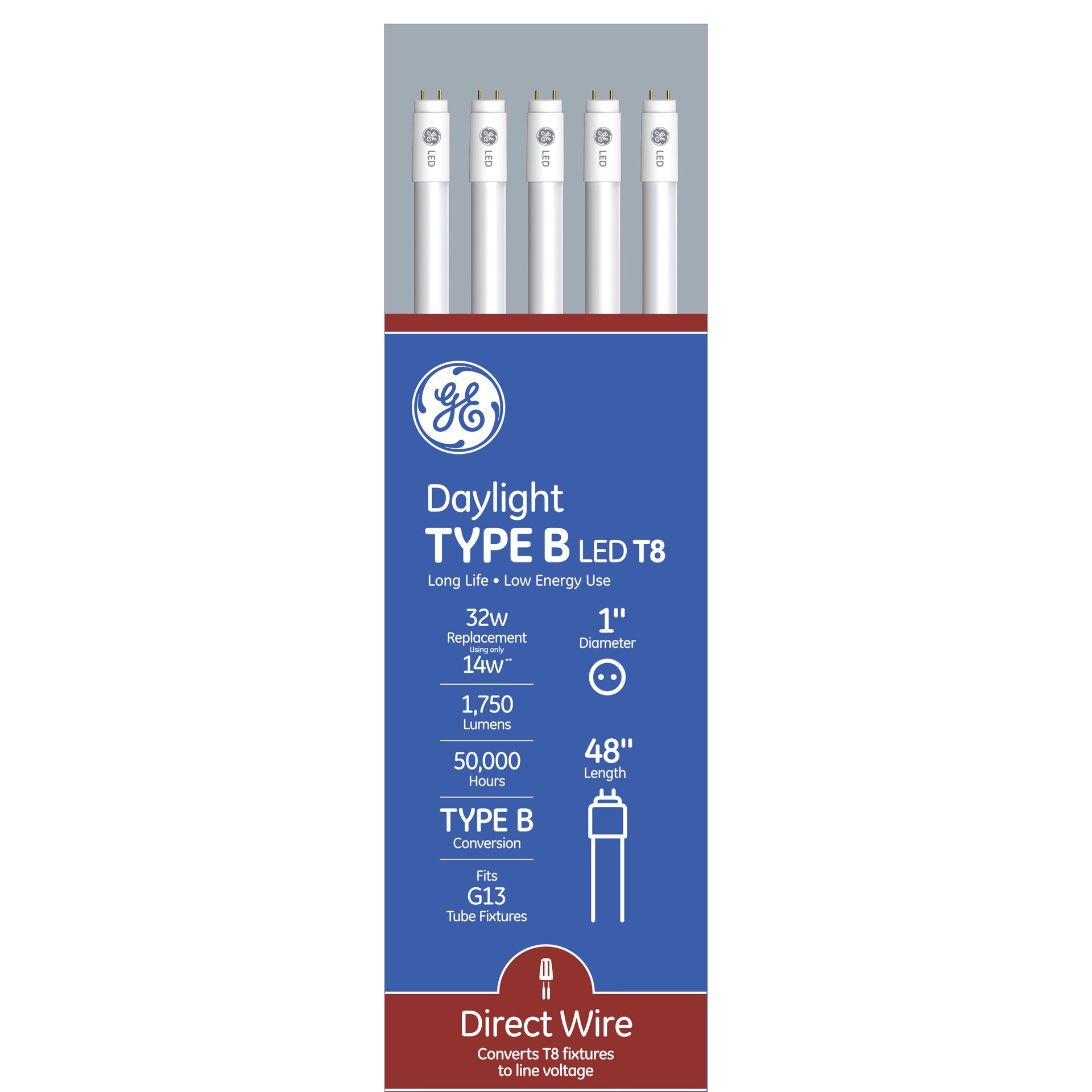 slide 1 of 6, GE DLC Certified Direct Wire 32 -Watt EQ T8 Daylight G13 Dimmable LED Tube Light Bulb 10 -Pack, 1 ct