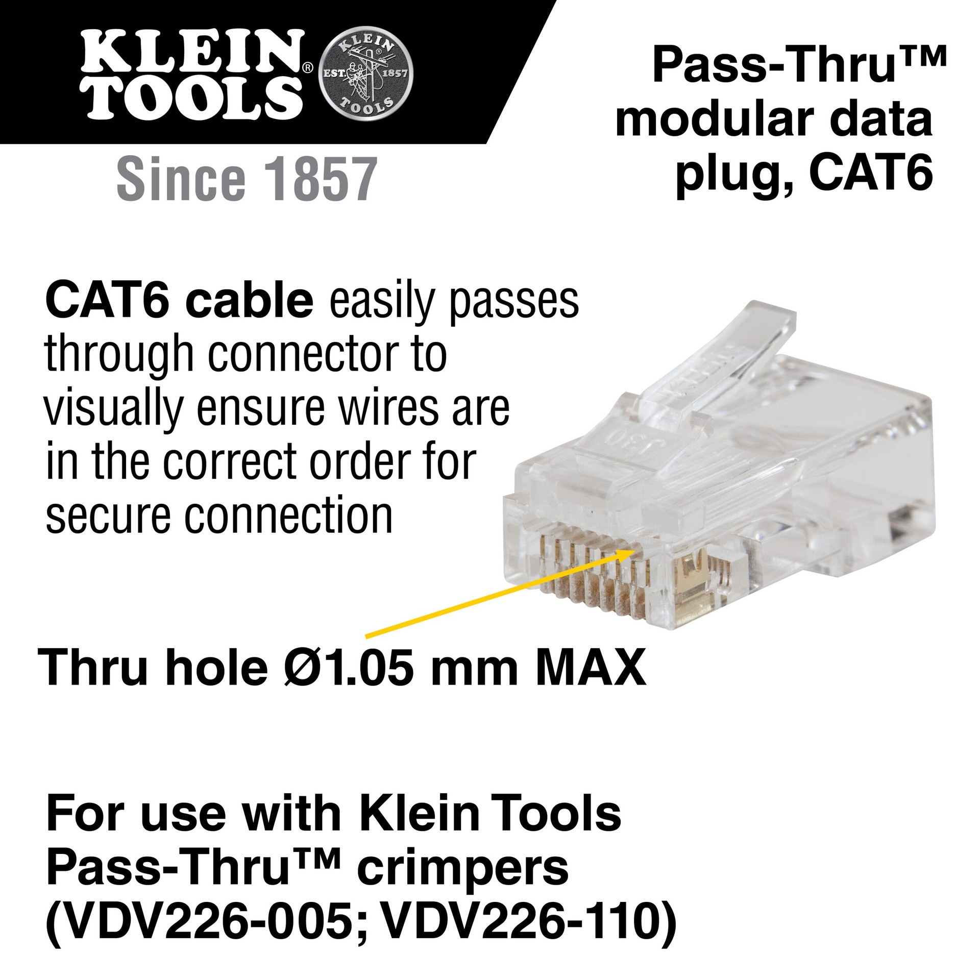 slide 2 of 6, Klein Tools Pass-Thru Modular Data Plugs RJ45-CAT6, 10-Pack, 1 ct