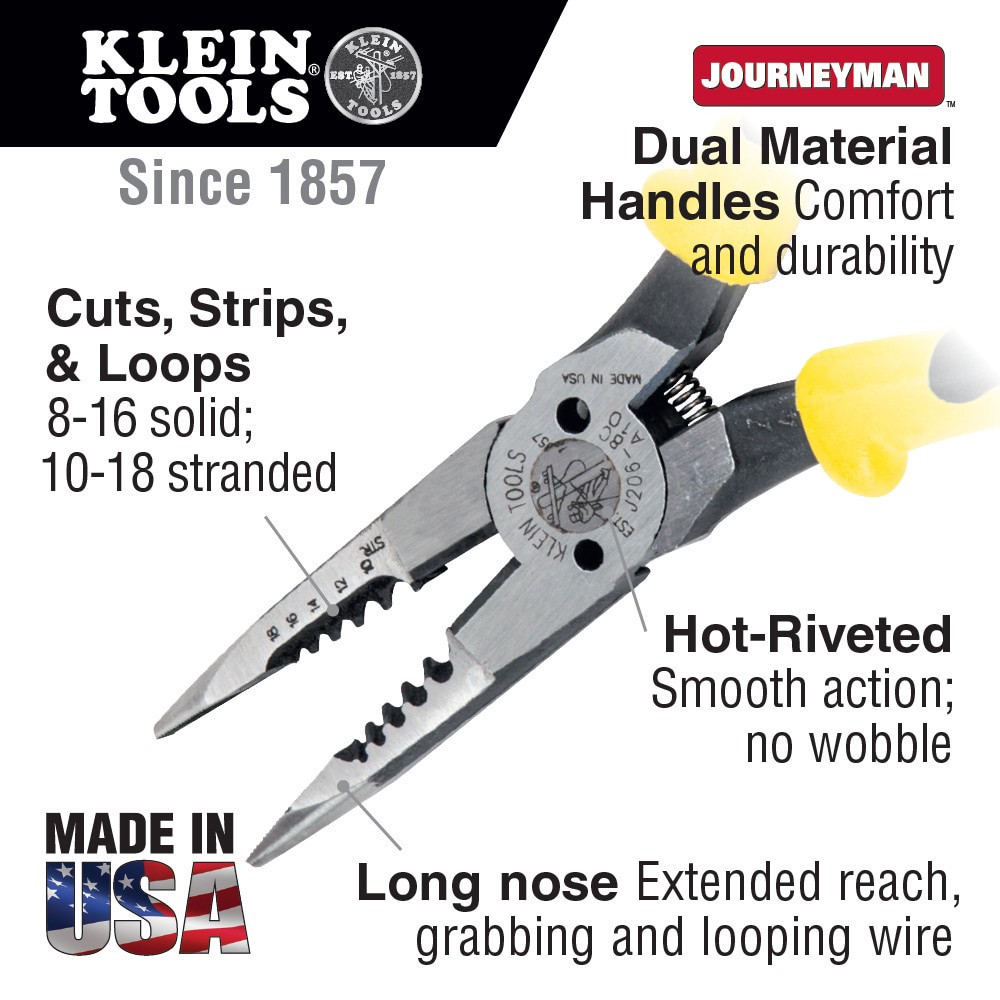 slide 2 of 6, Klein Tools Pliers, All-Purpose Needle Nose, Spring Loaded, Cuts, Strips, 8.5-Inch, 1 ct